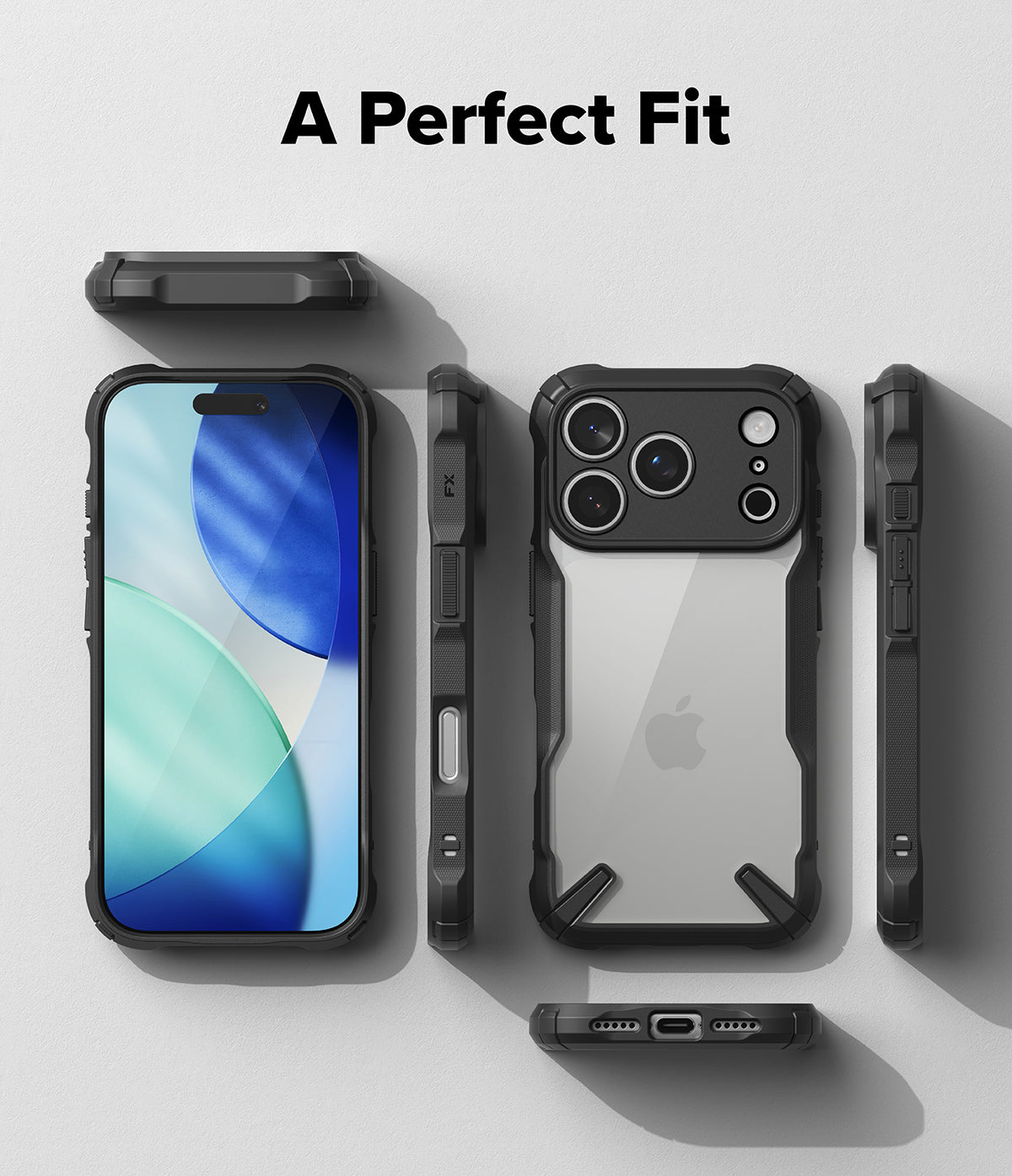 iPhone 17 Pro Case | Fusion-X - Multiple views of a black, rugged protective phone case with a clear back panel.