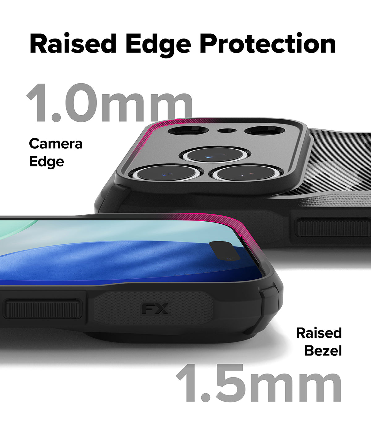 iPhone 17 Pro Case | Fusion-X - Close-up of phone case showing 1.0mm raised camera edge and 1.5mm raised screen bezel protection.
