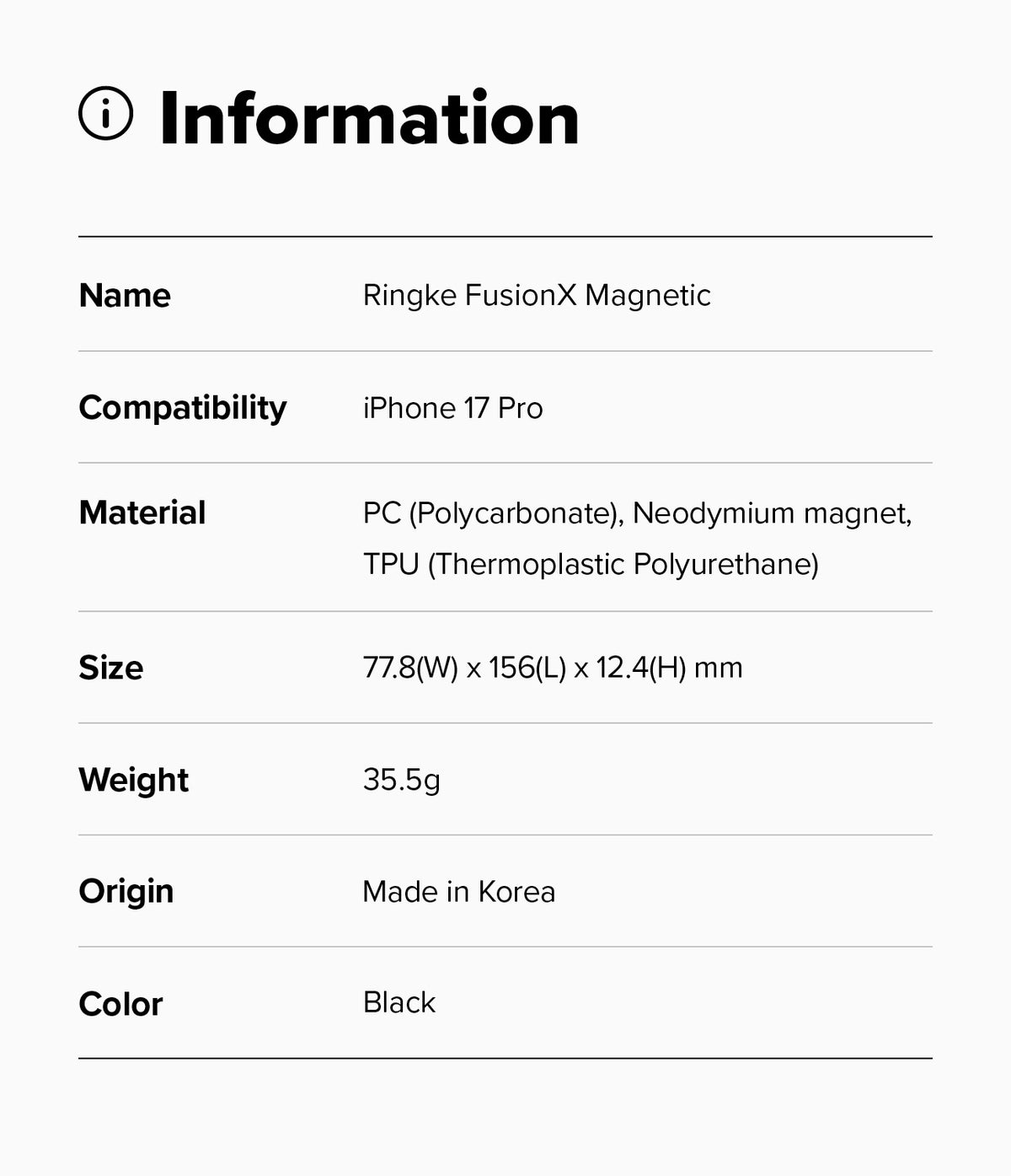 iPhone 17 Pro Case | Fusion-X Magnetic - Information table listing product name, compatibility, materials, size, weight, origin, and color.
