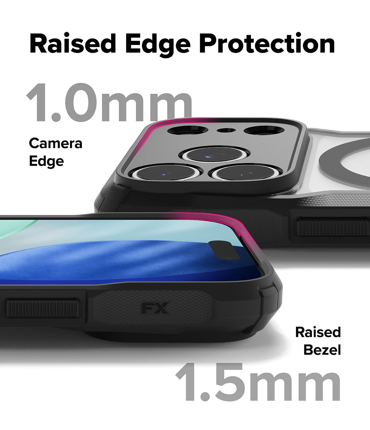 iPhone 17 Pro Case | Fusion-X Magnetic - Close-up of phone case showing 1.0mm camera edge and 1.5mm screen bezel protection.