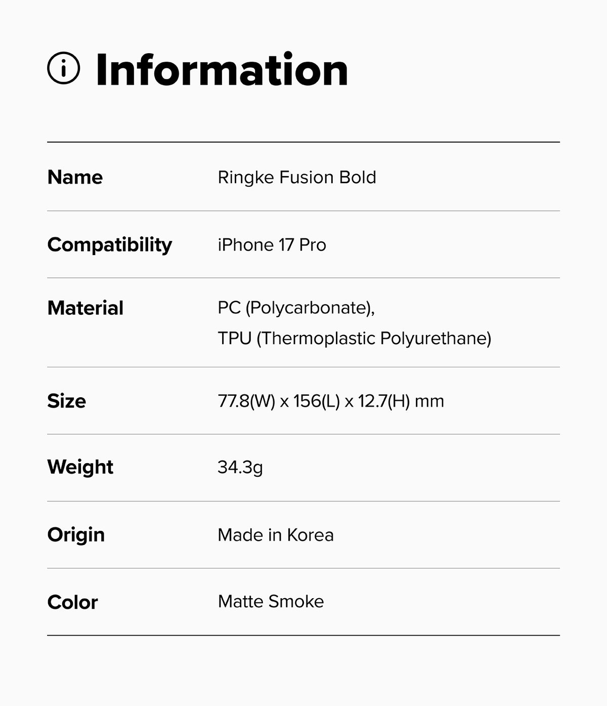 iPhone 17 Pro Case | Fusion Bold Matte - Specification table listing product name, compatibility, material, size, weight, origin, and color.