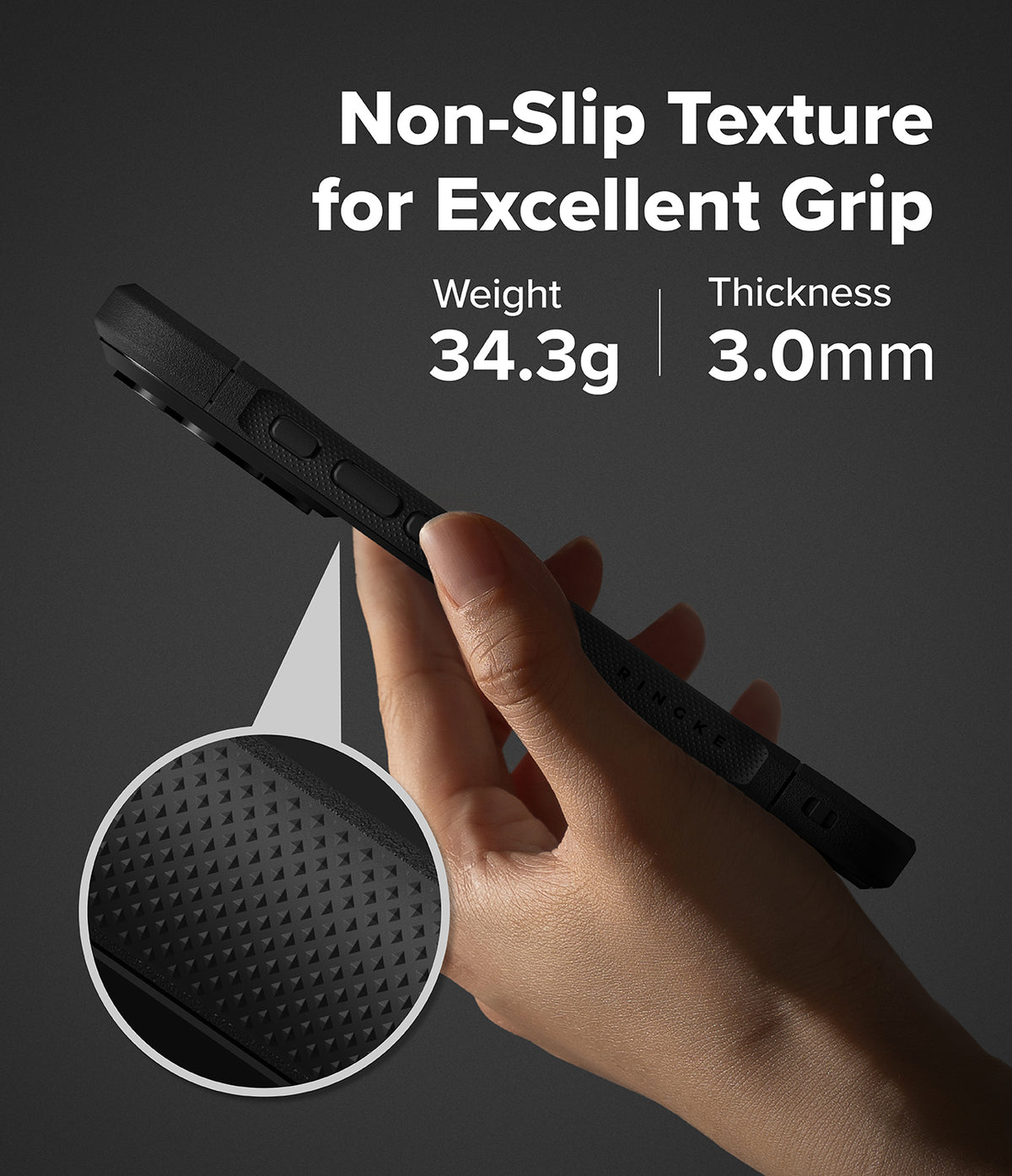 iPhone 17 Pro Case | Fusion Bold Matte - Hand holding a black phone case with a textured, non-slip grip and 34.3g weight.