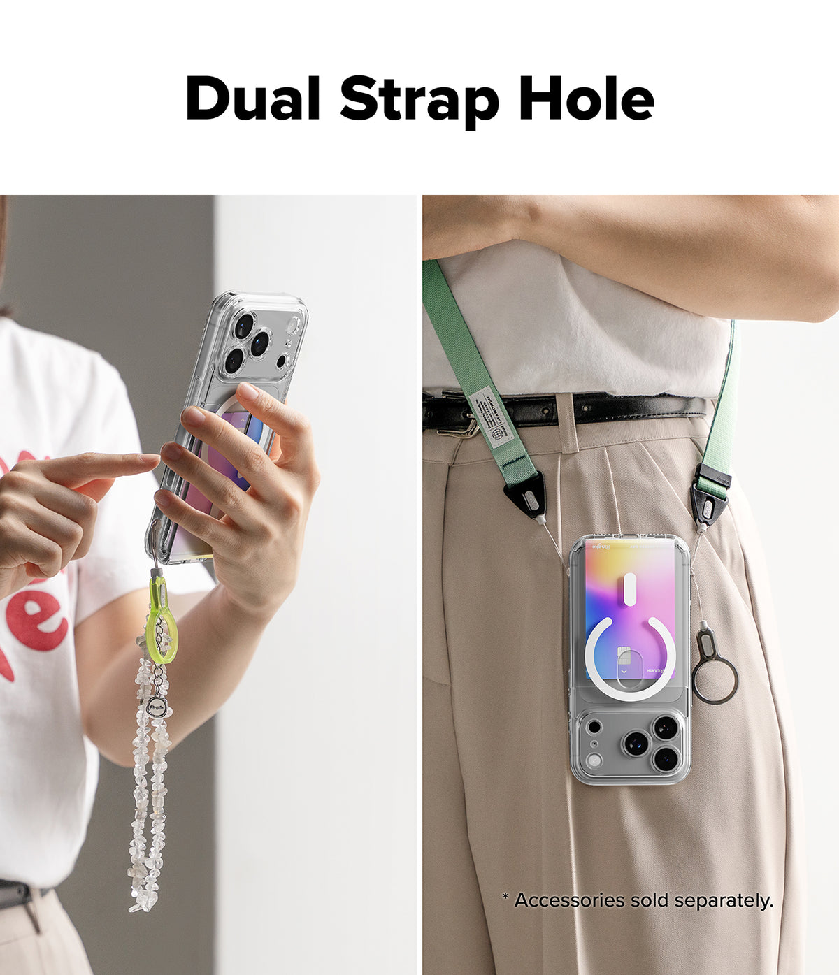 iPhone 17 Pro Case | Fusion Card Magnetic - Phone case with dual strap hole feature, held by a person and worn on a belt.