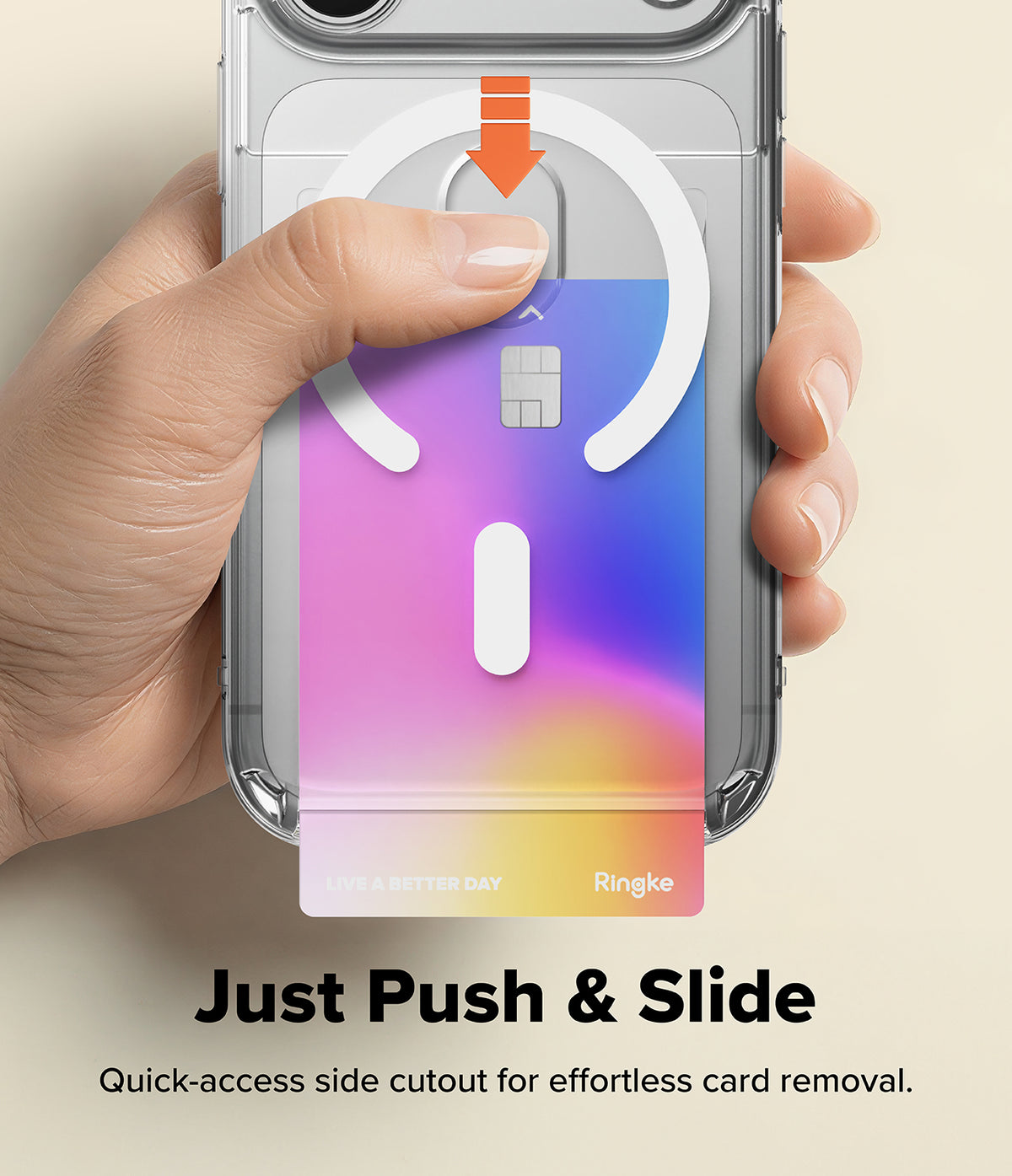 iPhone 17 Pro Case | Fusion Card Magnetic - Hand holding a phone case with a quick-access side cutout, featuring the brand 'Ringke'.
