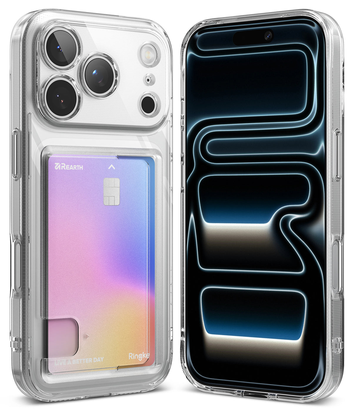 iPhone 17 Pro Case | Fusion Card - Clear phone case with a rear card slot holding a holographic card next to the phone front.