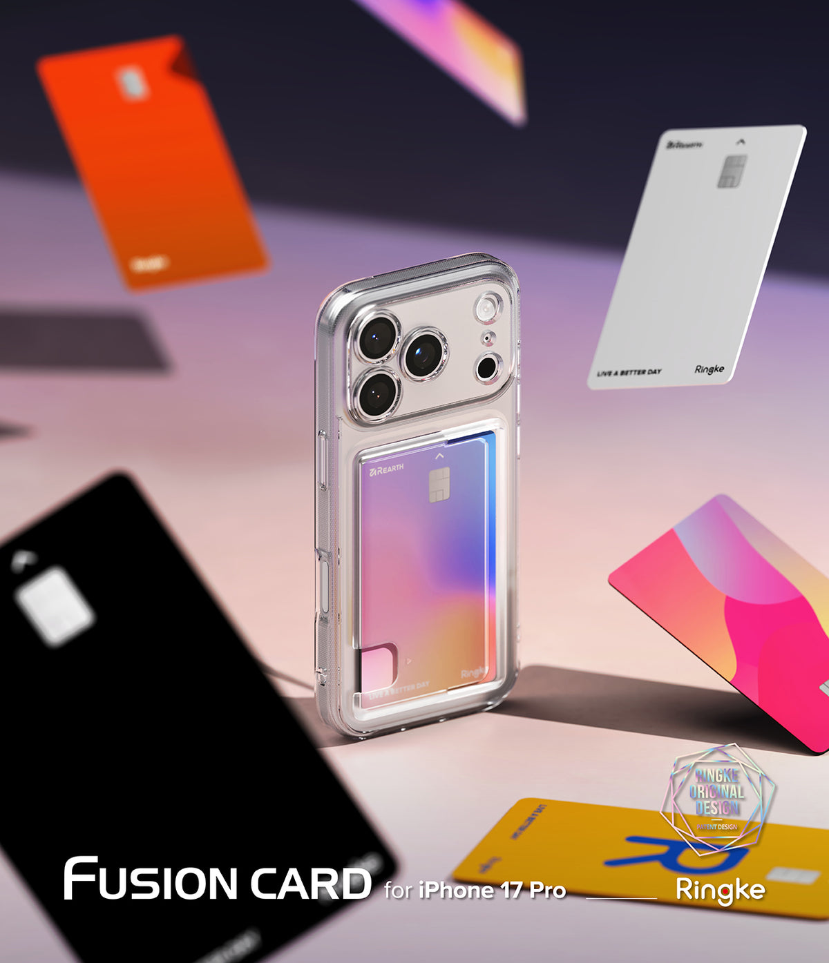 iPhone 17 Pro Case | Fusion Card - Clear phone case holding a gradient card, surrounded by floating colorful credit cards.