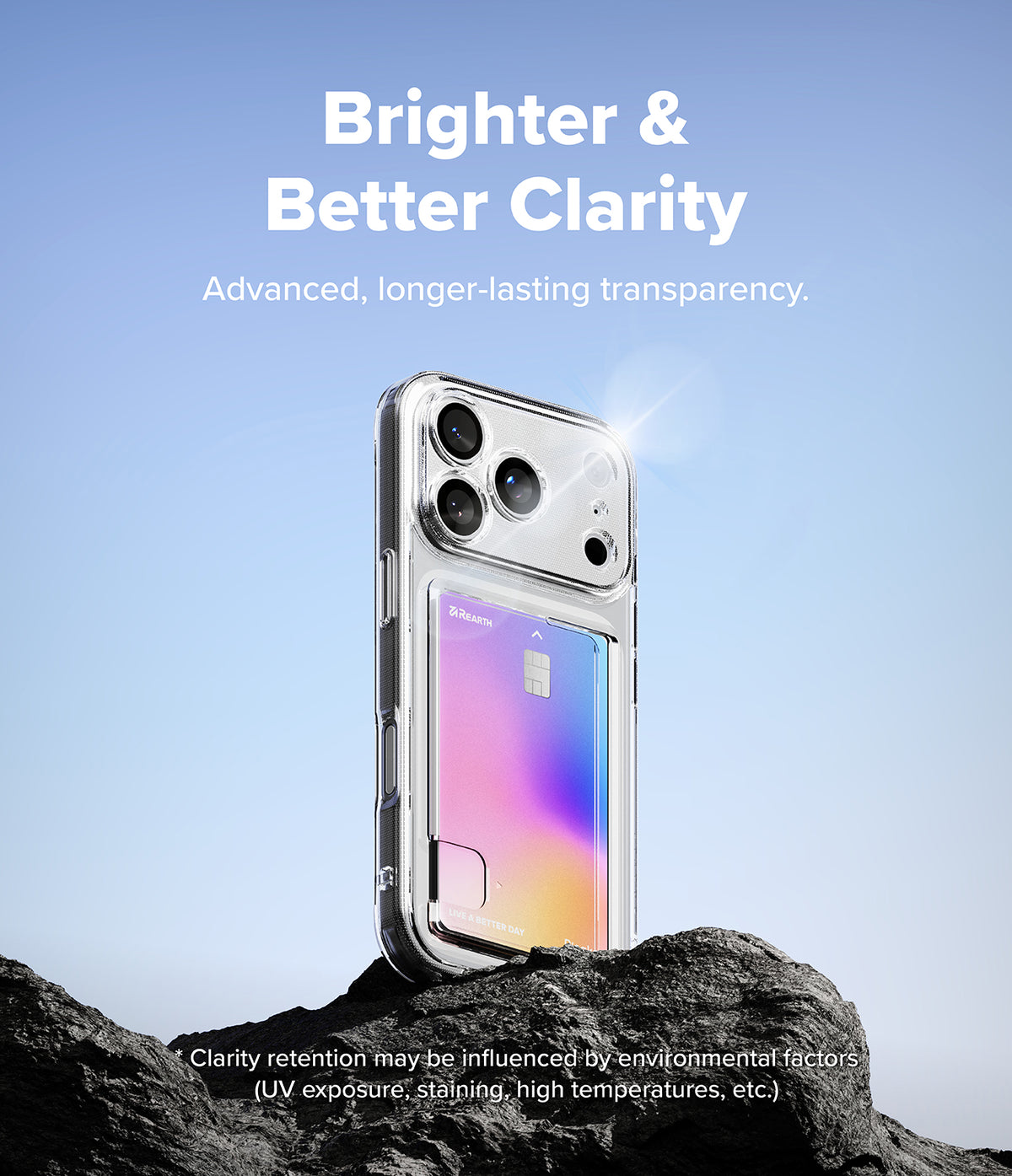 iPhone 17 Pro Case | Fusion Card - Clear phone case with a card slot holding a colorful card, resting on a rock against a blue sky.