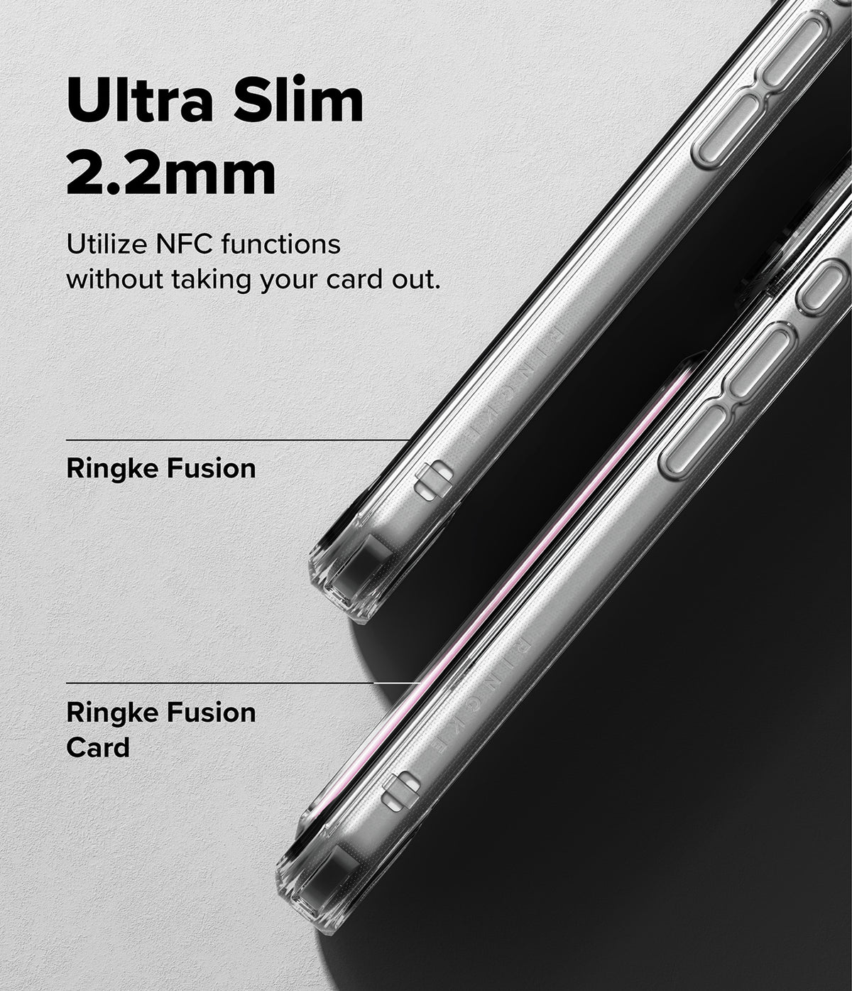 iPhone 17 Pro Case | Fusion Card - Side-by-side comparison of slim Ringke Fusion and Fusion Card cases showing NFC capability.