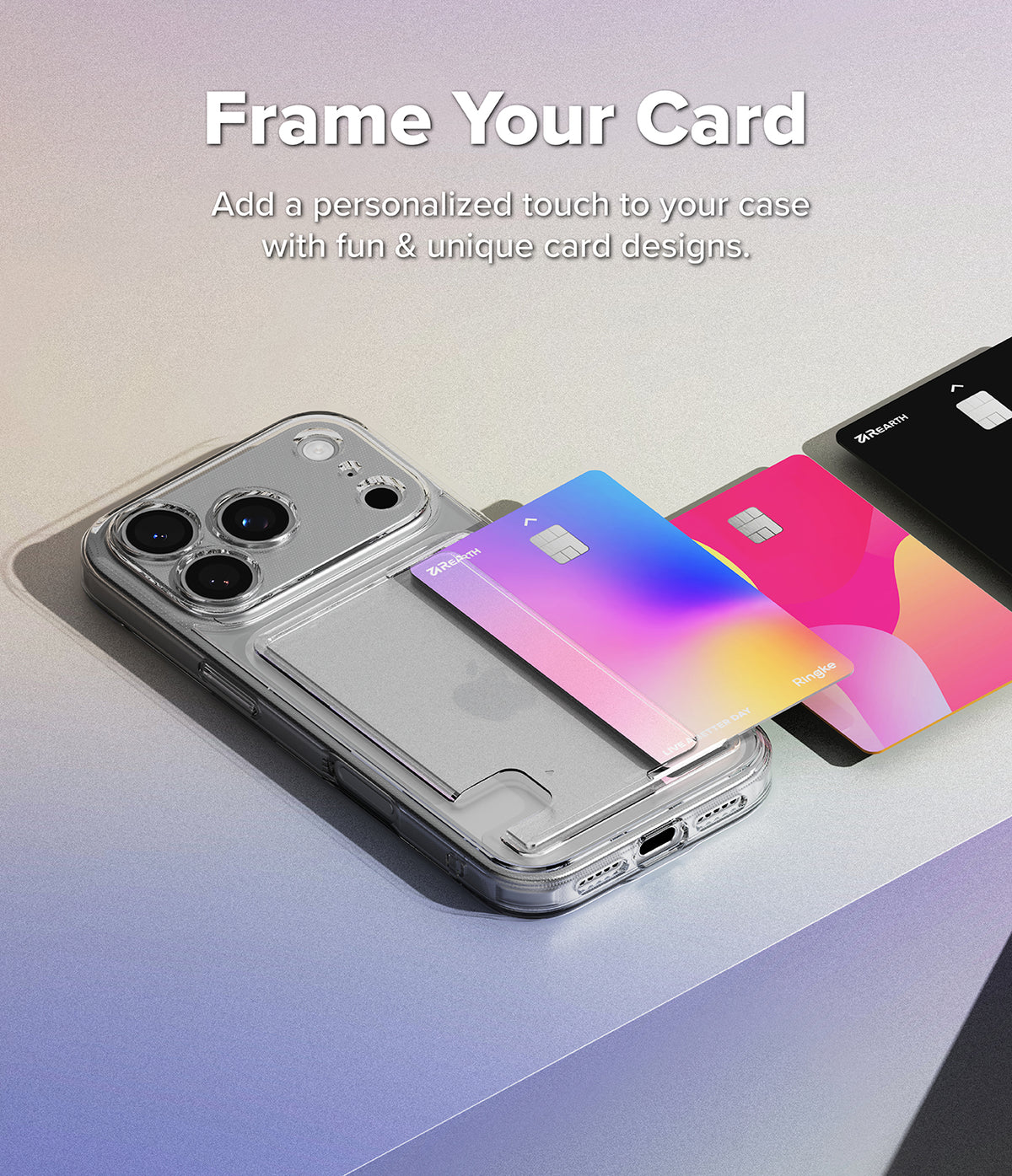 iPhone 17 Pro Case | Fusion Card - Clear phone case with a card slot holding a gradient card, next to two other cards.