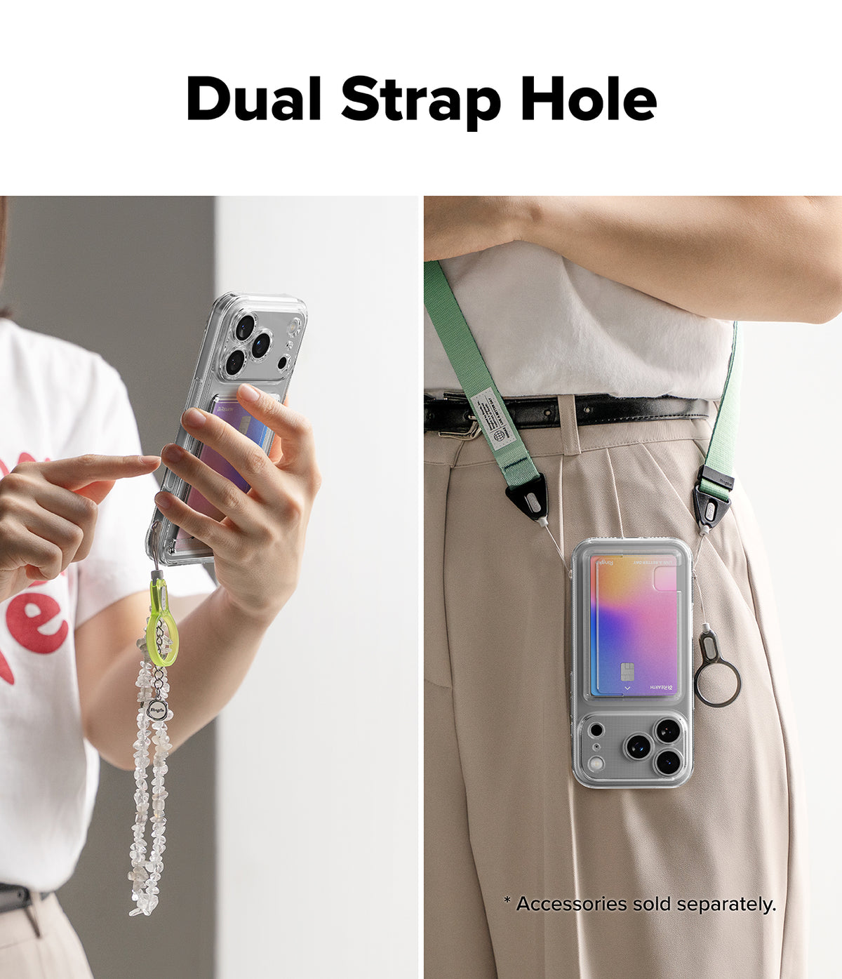 iPhone 17 Pro Case | Fusion Card - Clear phone case with dual strap holes holding a card, worn with a lanyard.