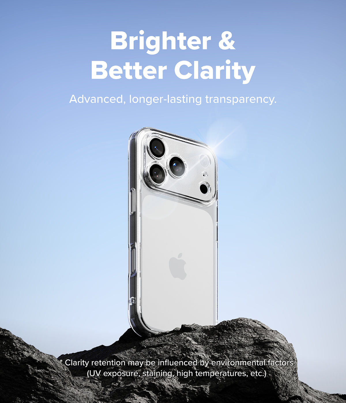 iPhone 17 Pro Case | Fusion - Clear phone case on a rock against a blue sky with text highlighting its long-lasting clarity.