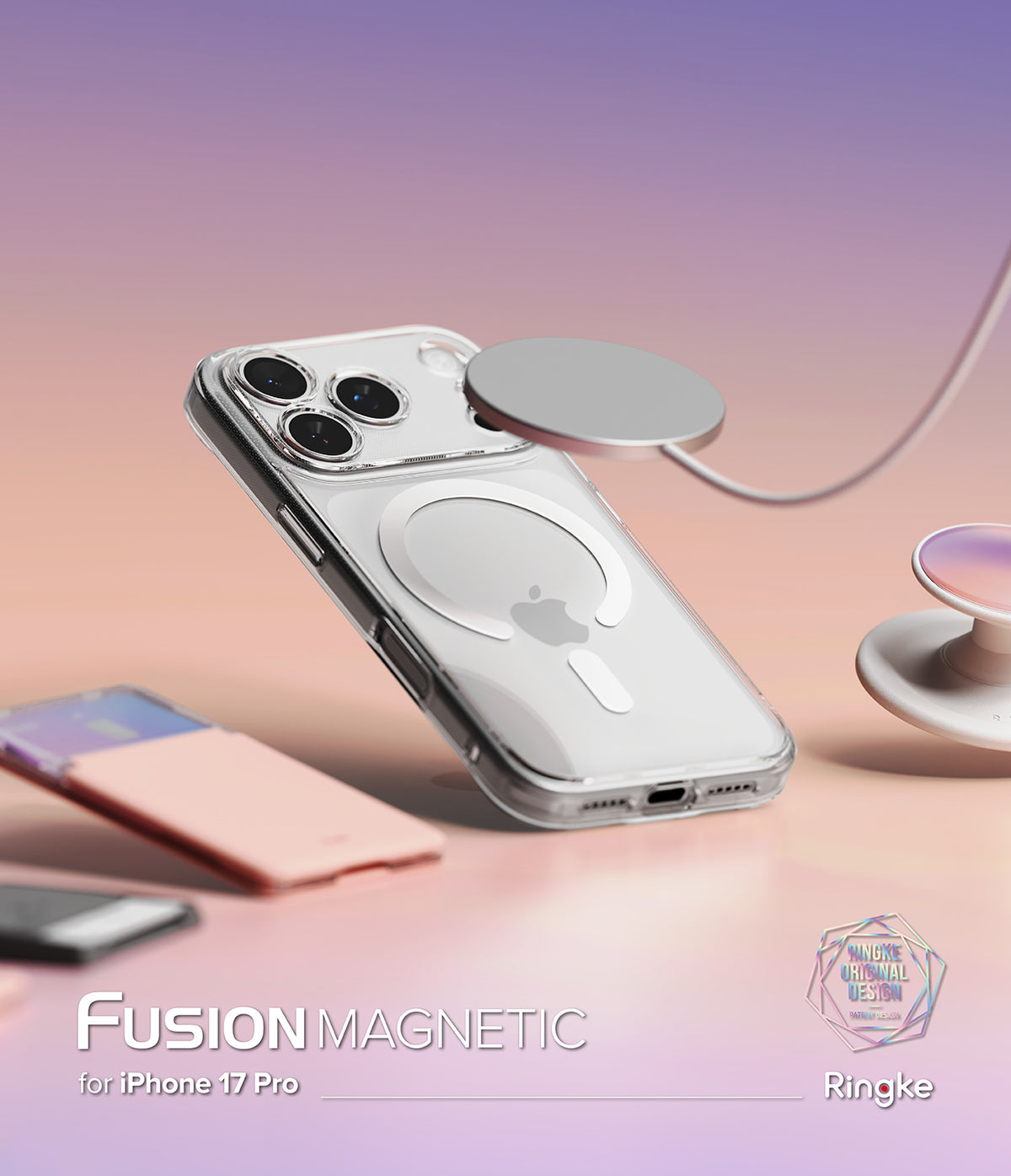 iPhone 17 Pro Case | Fusion Magnetic - Clear magnetic phone case hovering with a wireless charger and accessories.