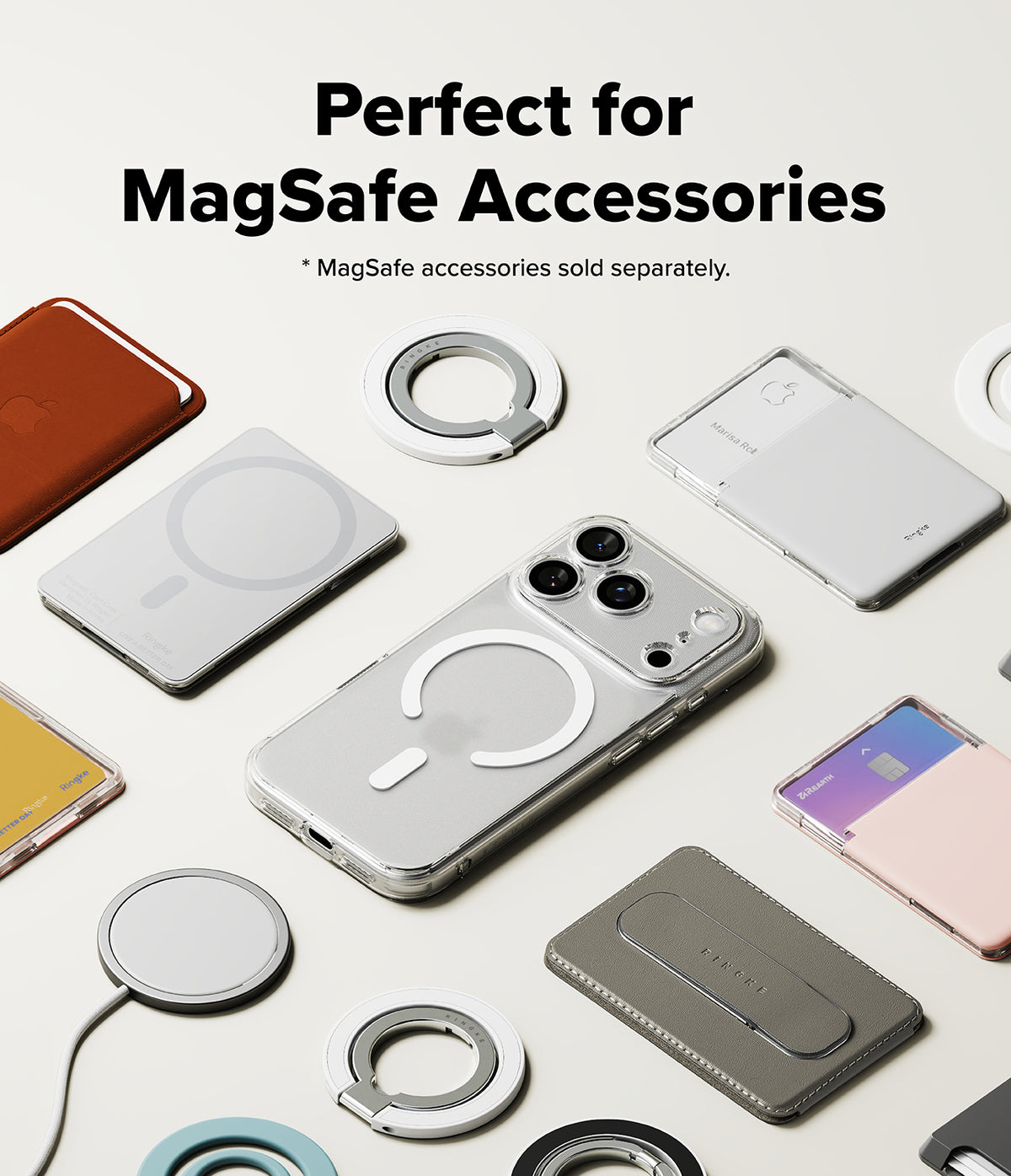 iPhone 17 Pro Case | Fusion Magnetic Matte - iPhone 17 Pro case surrounded by various MagSafe wallets, rings, and chargers.