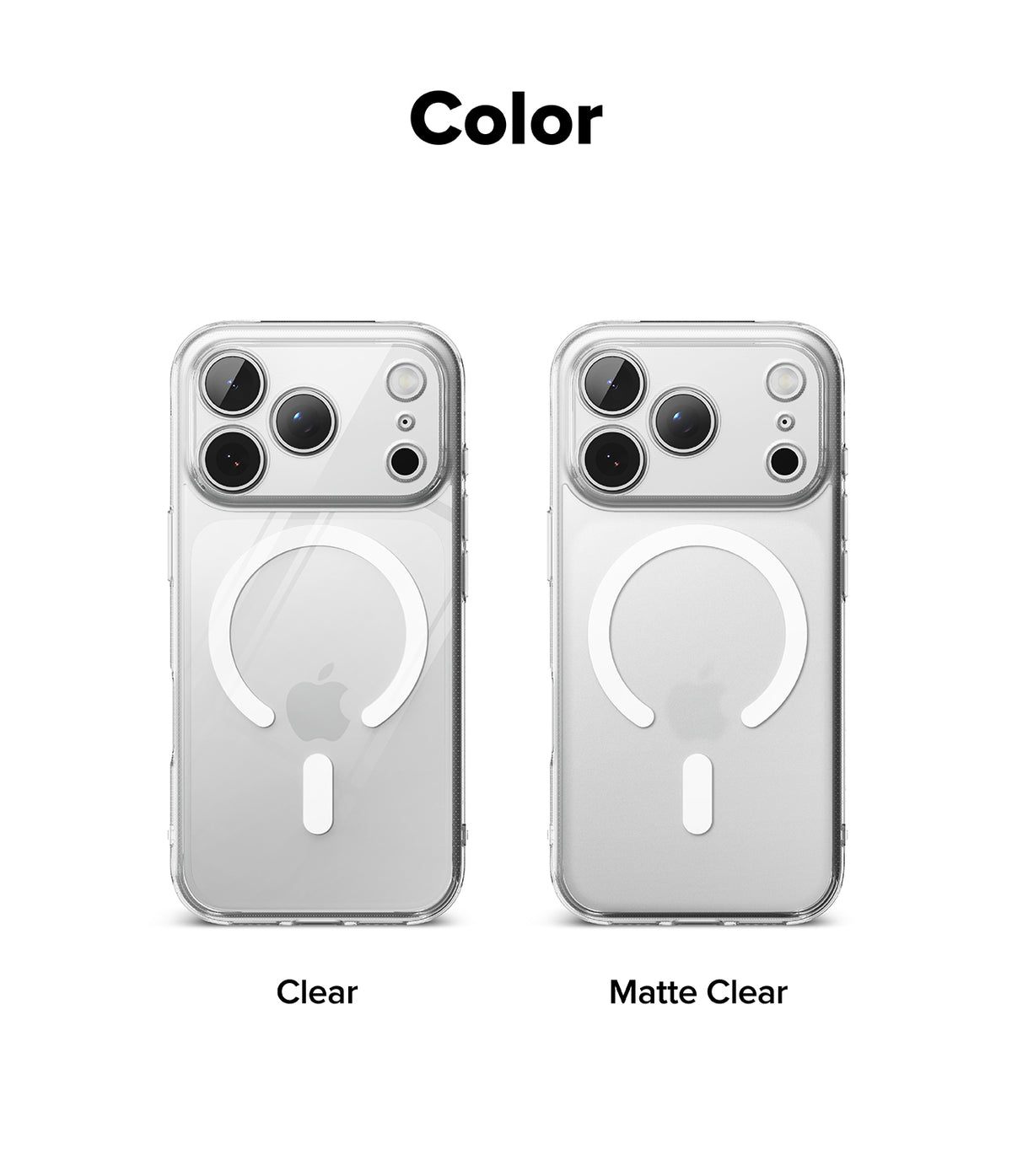 iPhone 17 Pro Case | Fusion Magnetic Matte - Two clear magnetic iPhone cases side-by-side, labeled Clear and Matte Clear.