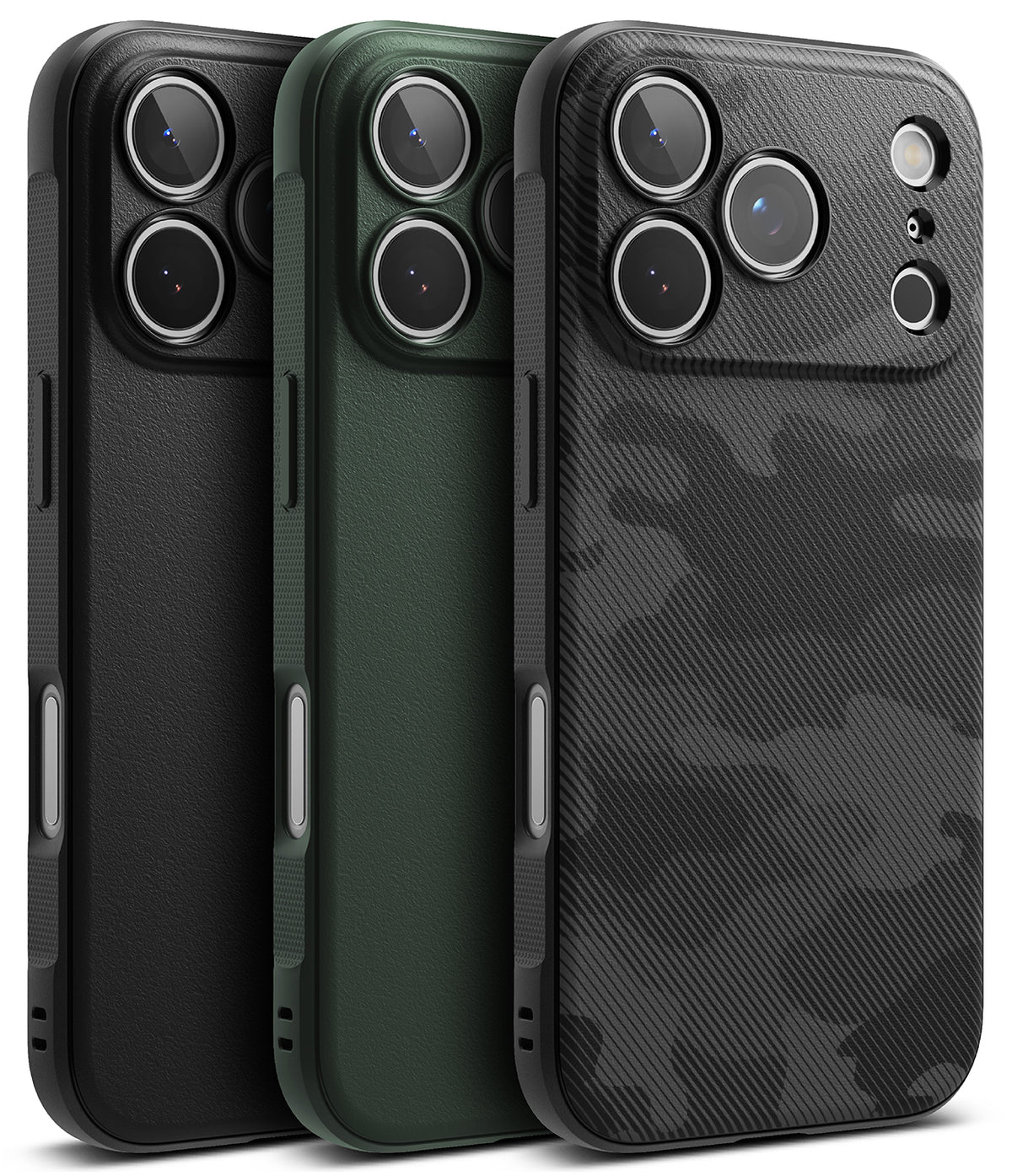 iPhone 17 Pro Case | Onyx - Three iPhone 17 Pro cases in black, green, and black camo, shown from the rear camera angle.