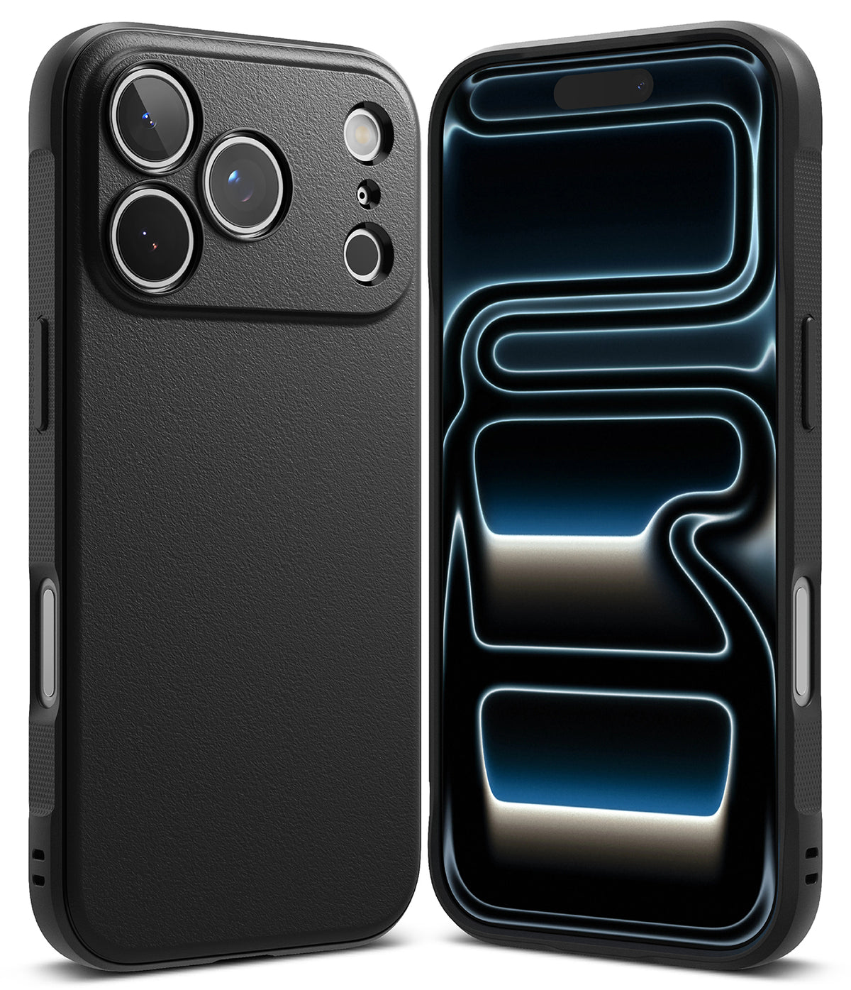 iPhone 17 Pro Case | Onyx - Matte black textured phone case shown from back and front with a blue abstract screen design.
