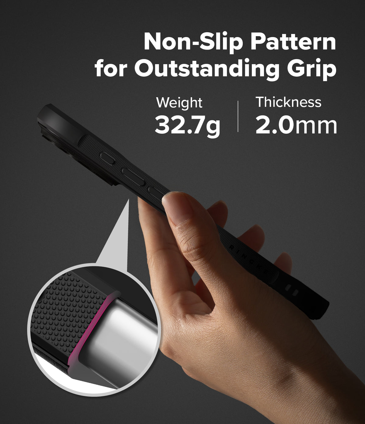iPhone 17 Pro Case | Onyx - Hand holding a black phone case with a textured non-slip grip, 32.7g weight, and 2.0mm thickness.