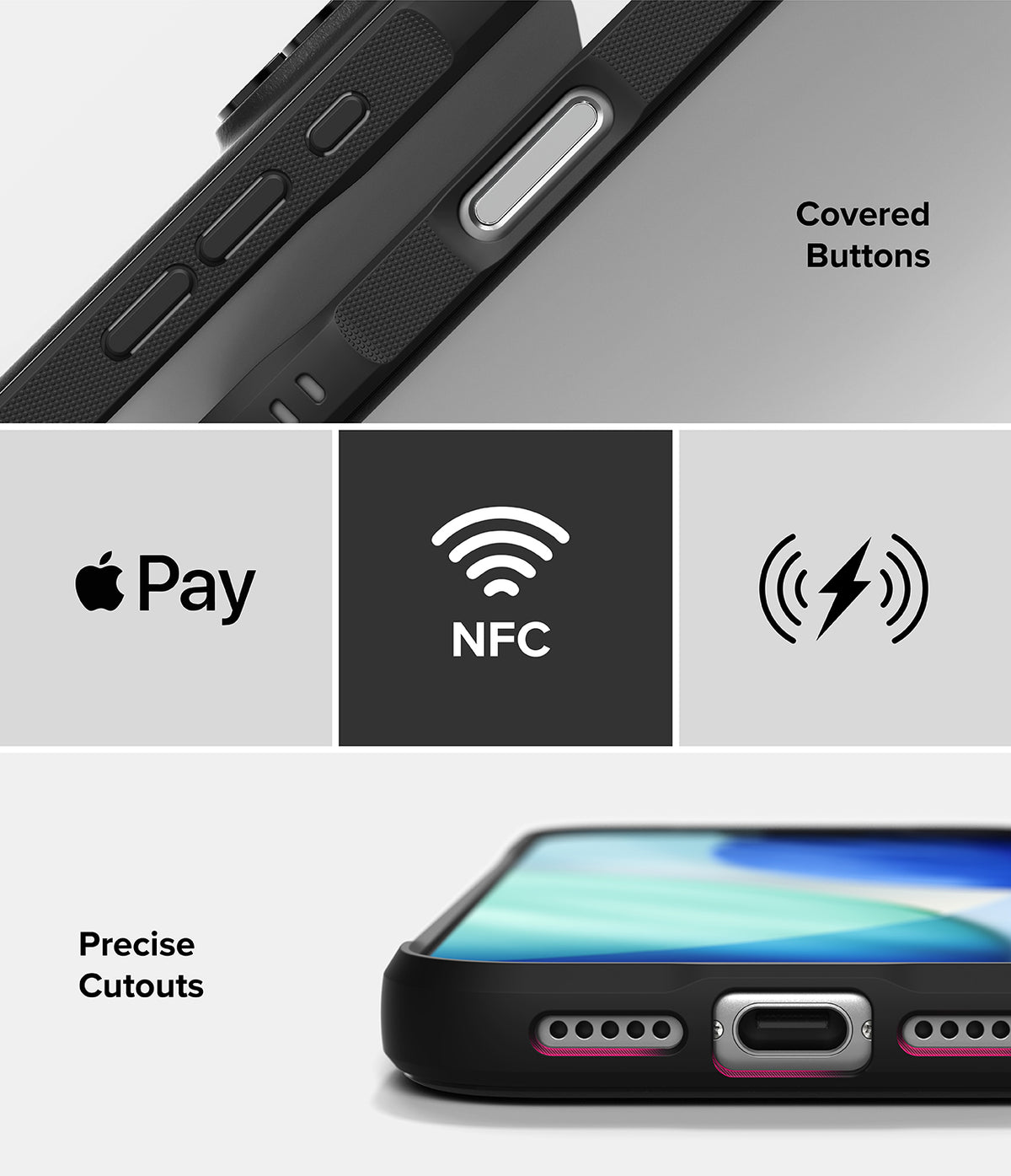 iPhone 17 Pro Case | Onyx - Close-up of black phone case showing covered buttons, NFC compatibility, and precise port cutouts.