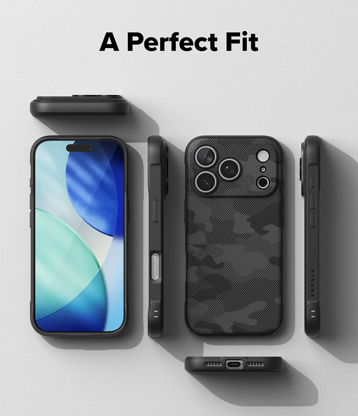iPhone 17 Pro Case | Onyx - Multiple views of a black camo-patterned phone case surrounding an iPhone 17 Pro.