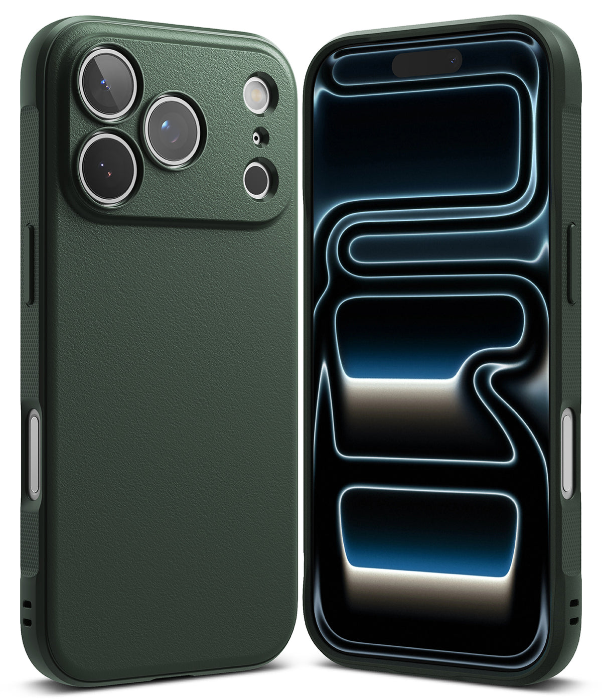 iPhone 17 Pro Case | Onyx - Dark green textured phone case shown from back and front with a glowing abstract screen display.