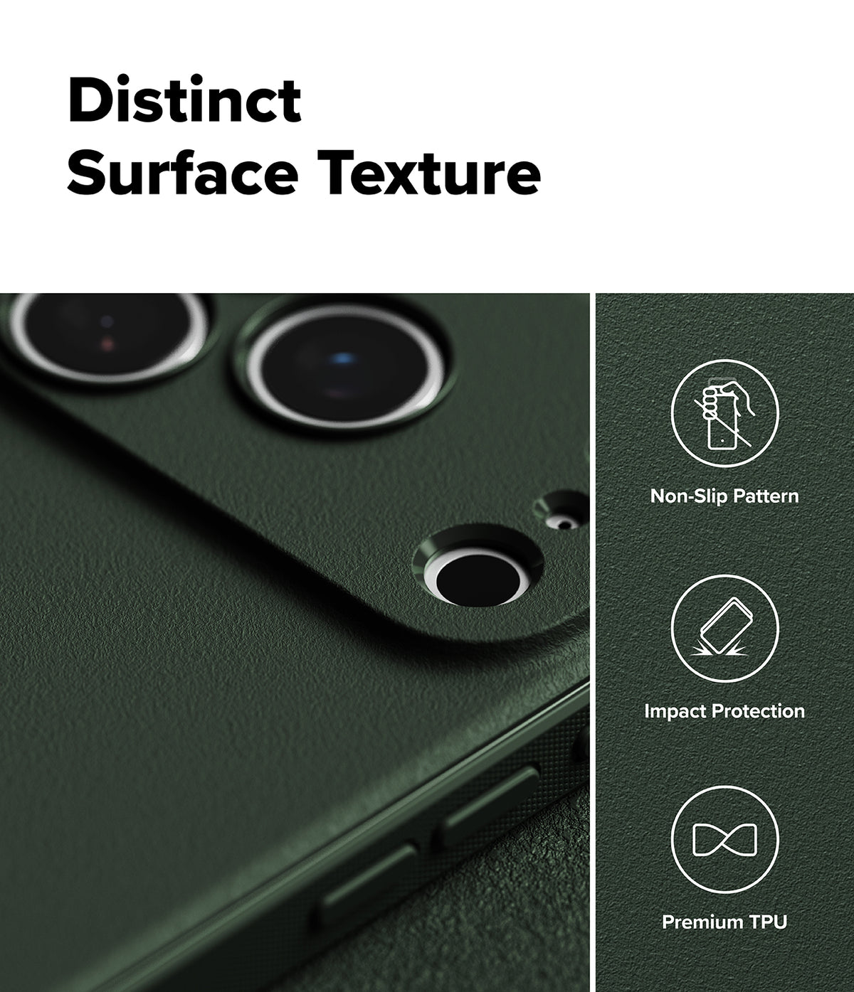 iPhone 17 Pro Case | Onyx - Close-up of dark green textured phone case with camera cutouts and icons for grip, impact, and TPU.