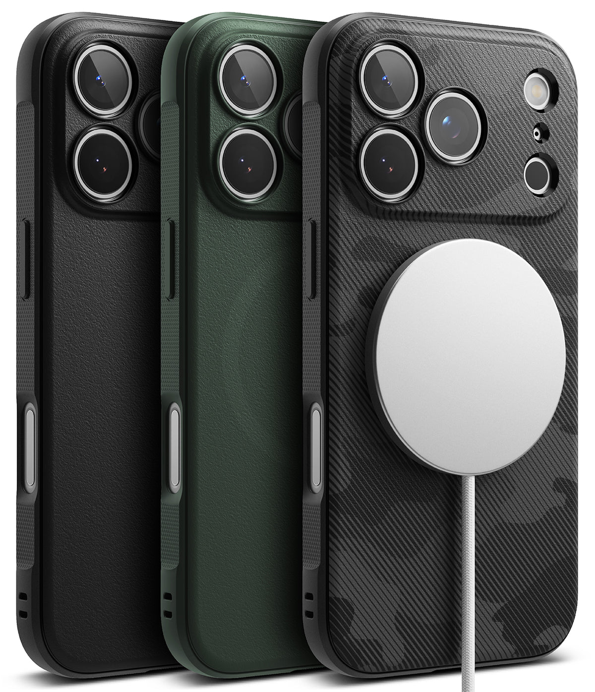 iPhone 17 Pro Case | Onyx Magnetic - Three iPhone 17 Pro cases in black, green, and camo with a magnetic charger attached.