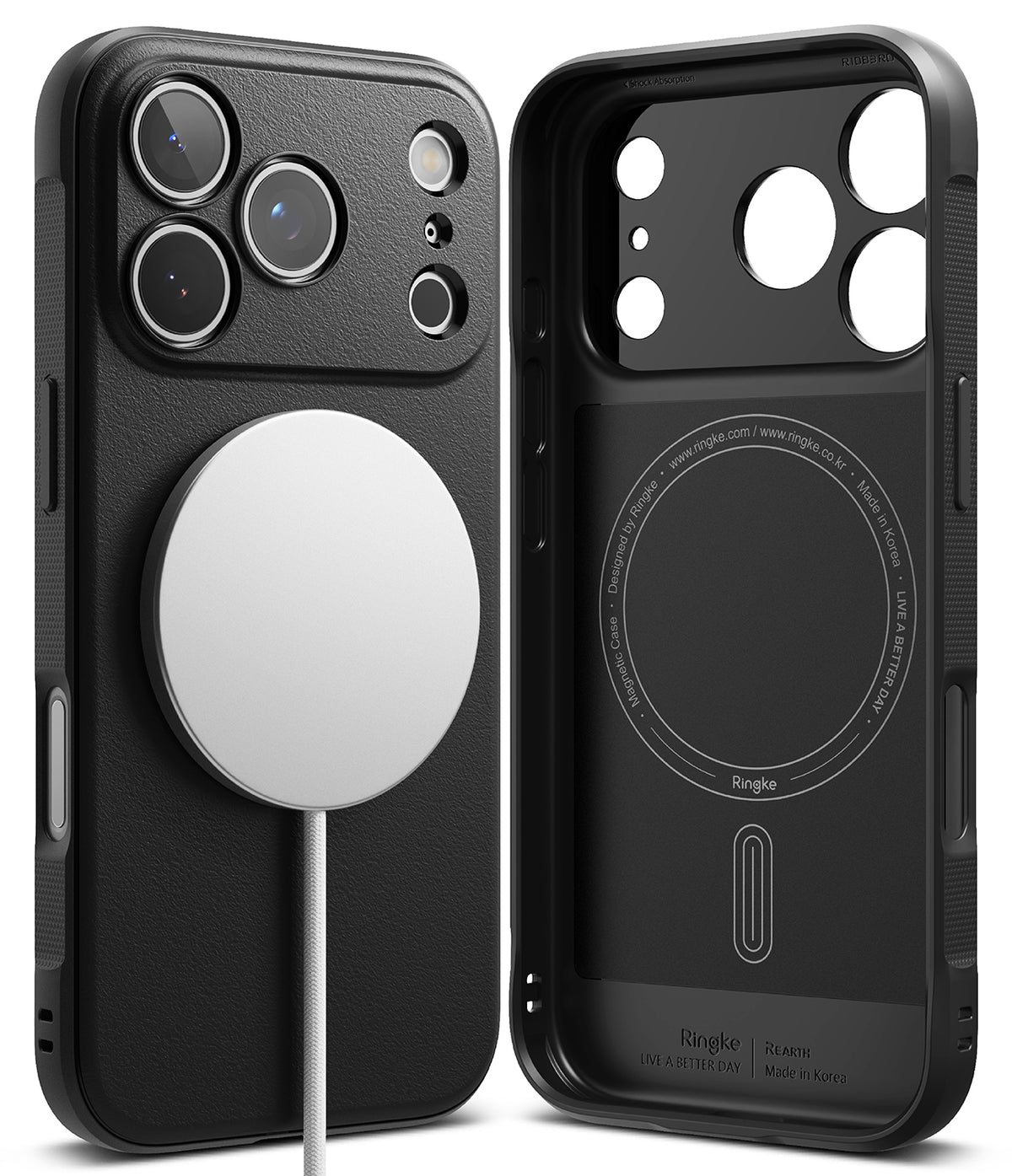 iPhone 17 Pro Case | Onyx Magnetic - Black magnetic phone case shown from back and interior views with a white charger.
