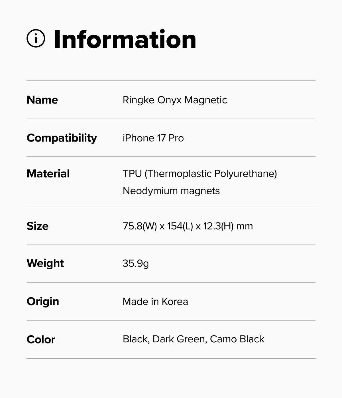iPhone 17 Pro Case | Onyx Magnetic - Specification table listing product name, compatibility, material, size, weight, and color.