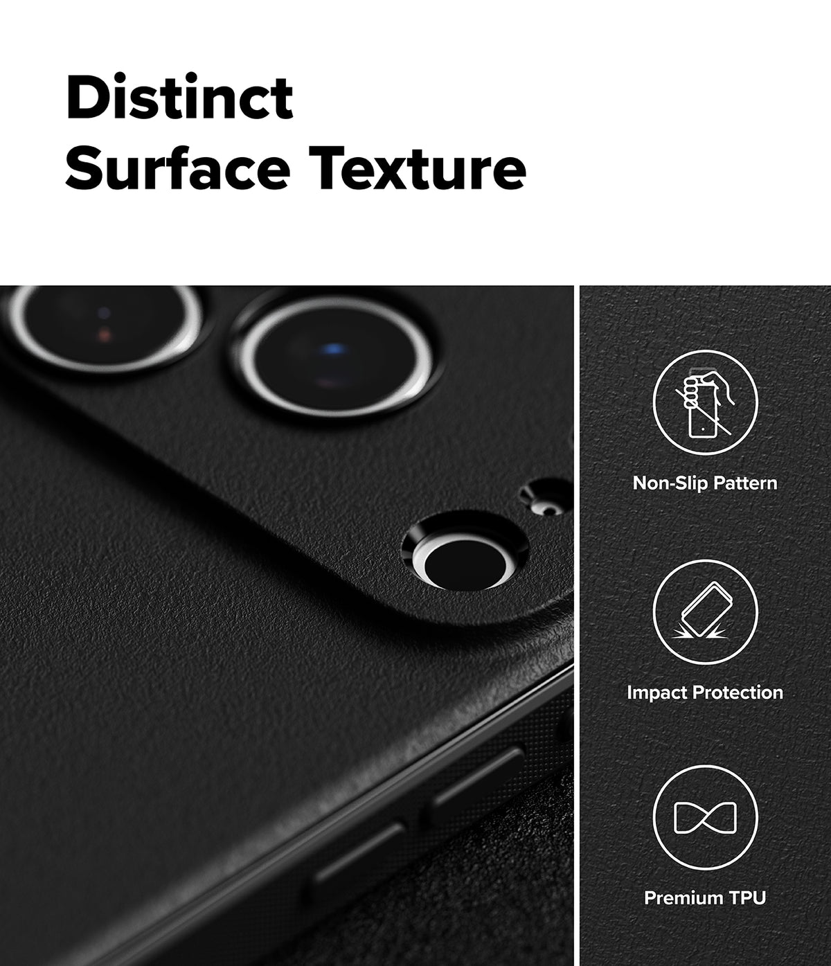 iPhone 17 Pro Case | Onyx Magnetic - Close-up of black textured phone case with camera cutouts and icons for grip and protection.