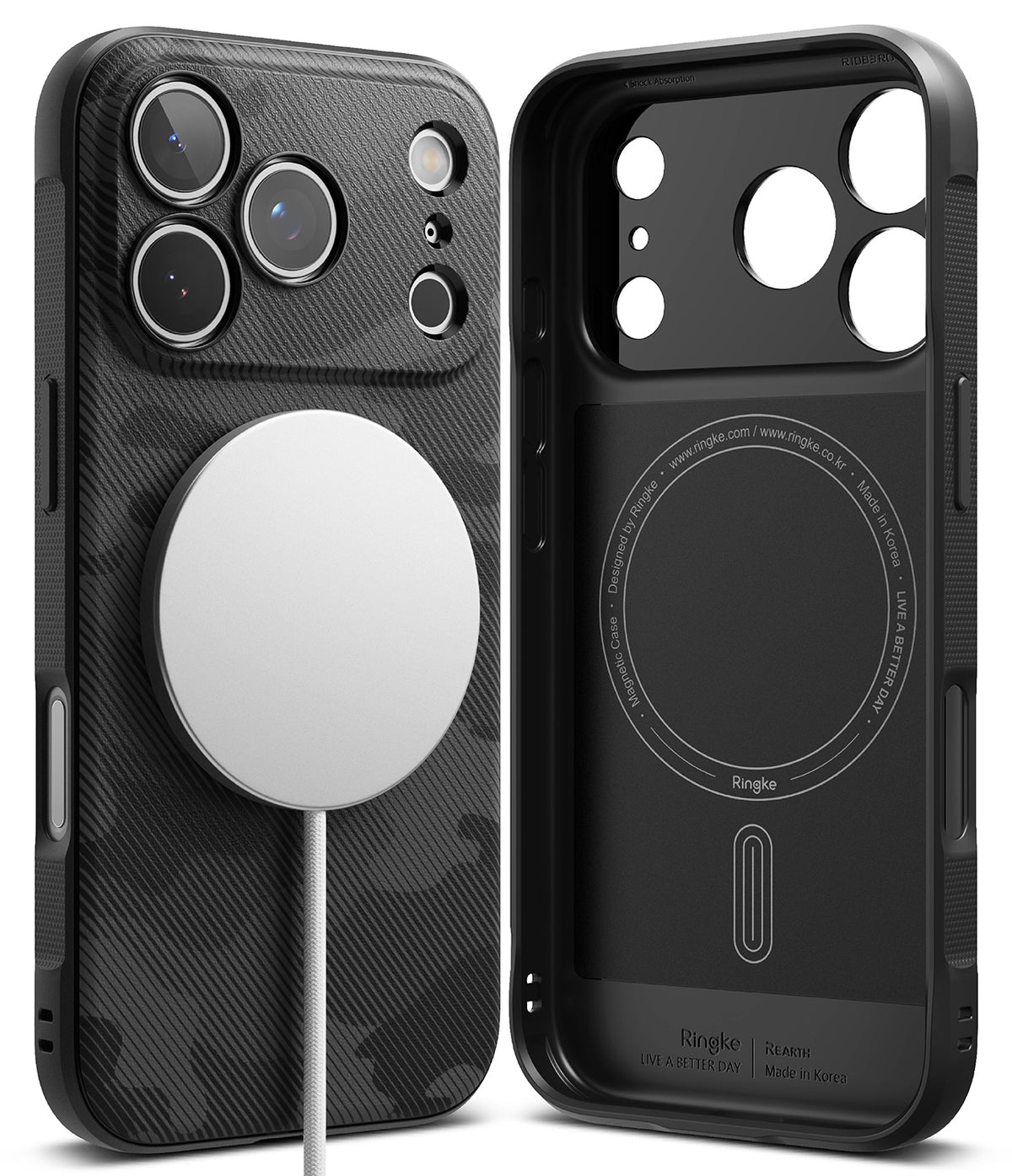 iPhone 17 Pro Case | Onyx Magnetic - Black camo phone case with magnetic charger attached and interior view.