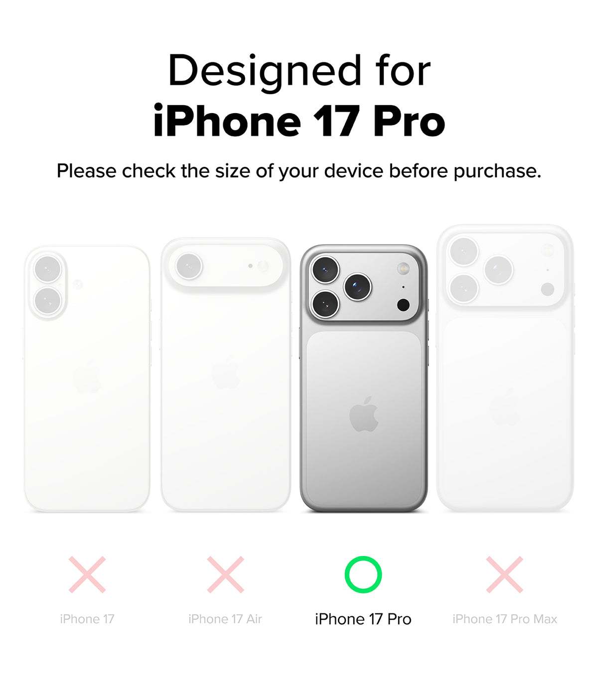 iPhone 17 Pro Case | Onyx Magnetic - Comparison chart showing iPhone 17 Pro highlighted with a green checkmark.