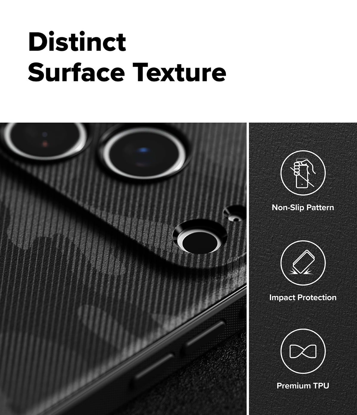 iPhone 17 Pro Case | Onyx Magnetic - Close-up of textured black phone case with icons for non-slip, impact protection, and TPU.