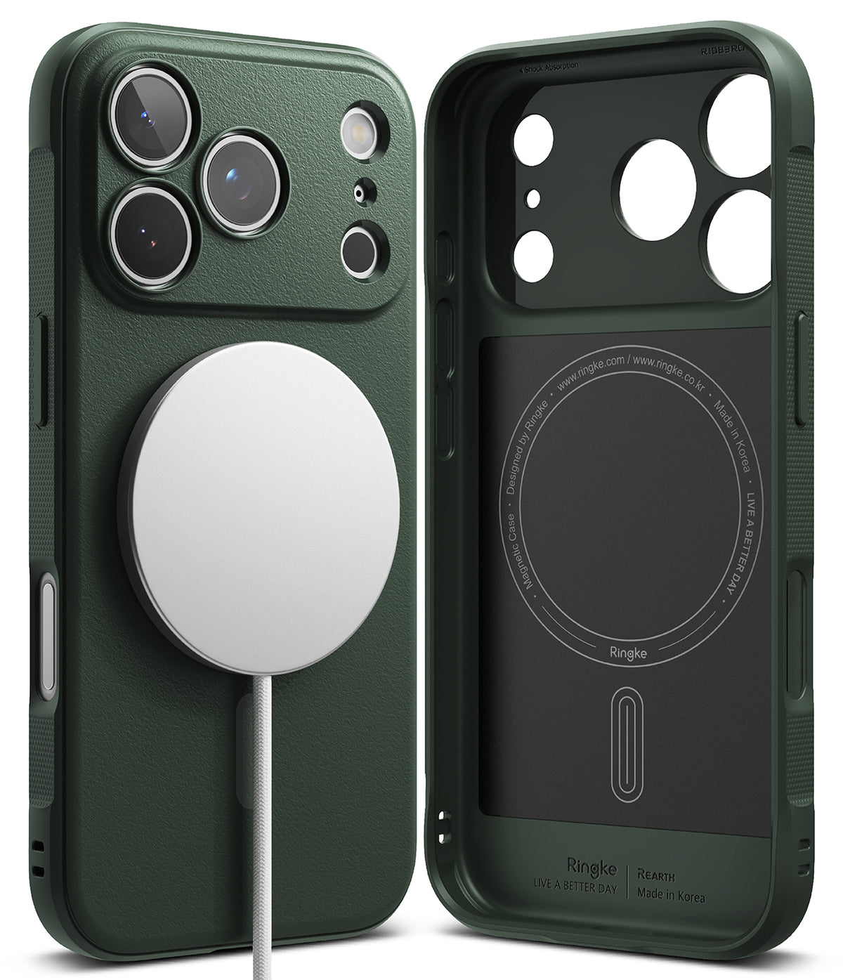 iPhone 17 Pro Case | Onyx Magnetic - Dark green phone case with a white magnetic charger attached and an interior view.
