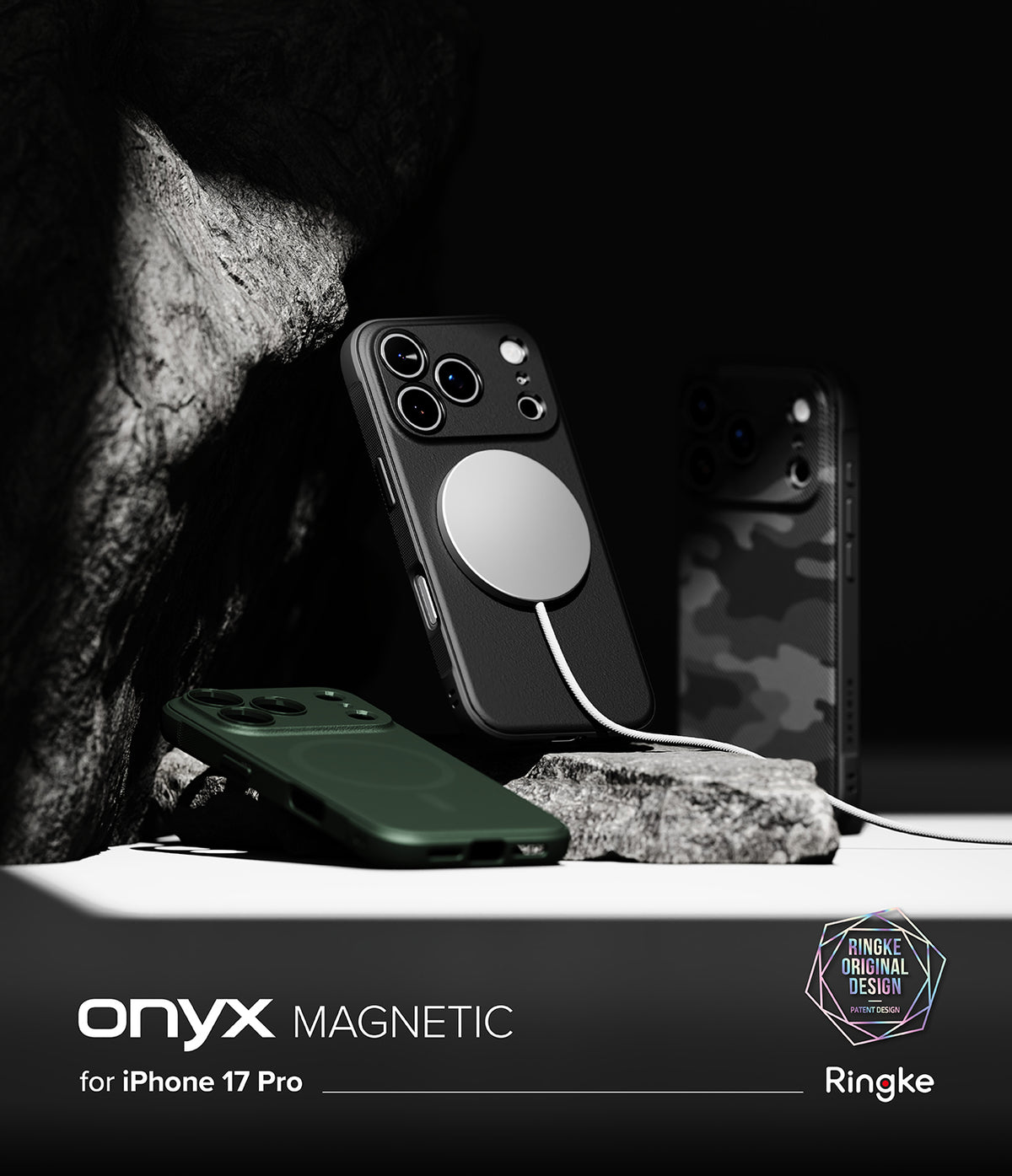 iPhone 17 Pro Case | Onyx Magnetic - Three iPhone 17 Pro cases in black, green, and camo, with a magnetic charger attached.