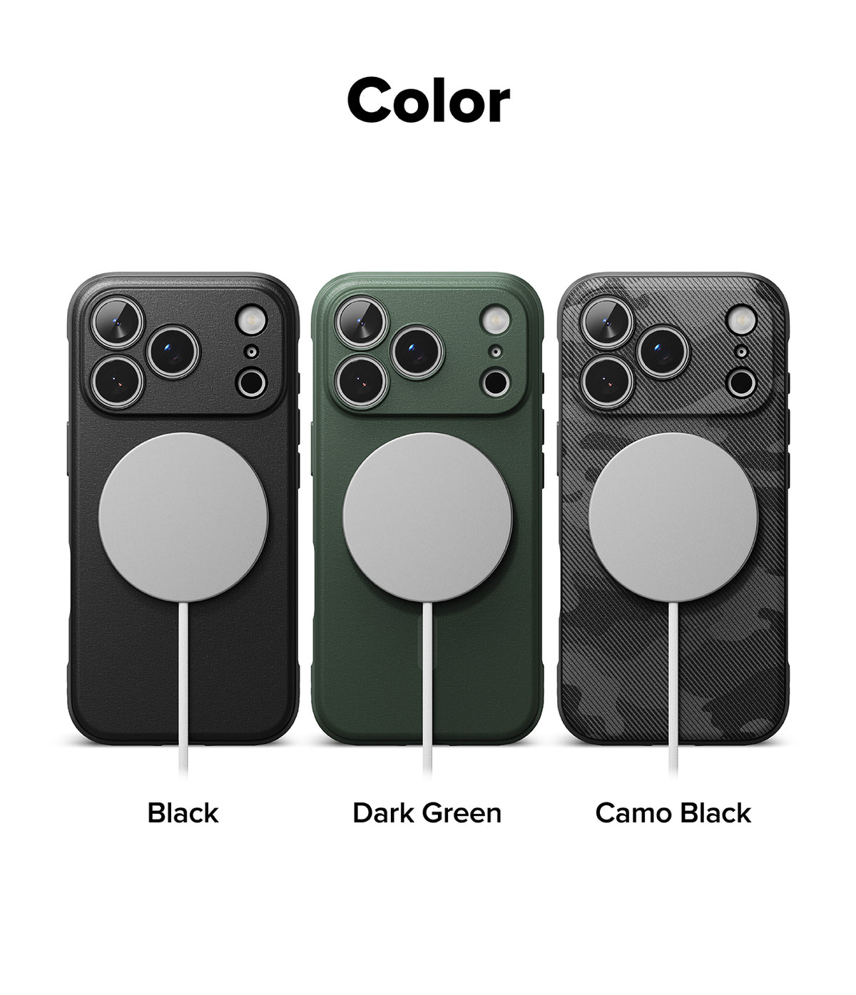 iPhone 17 Pro Case | Onyx Magnetic - Three iPhone 17 Pro cases in black, dark green, and camo black with magnetic chargers.