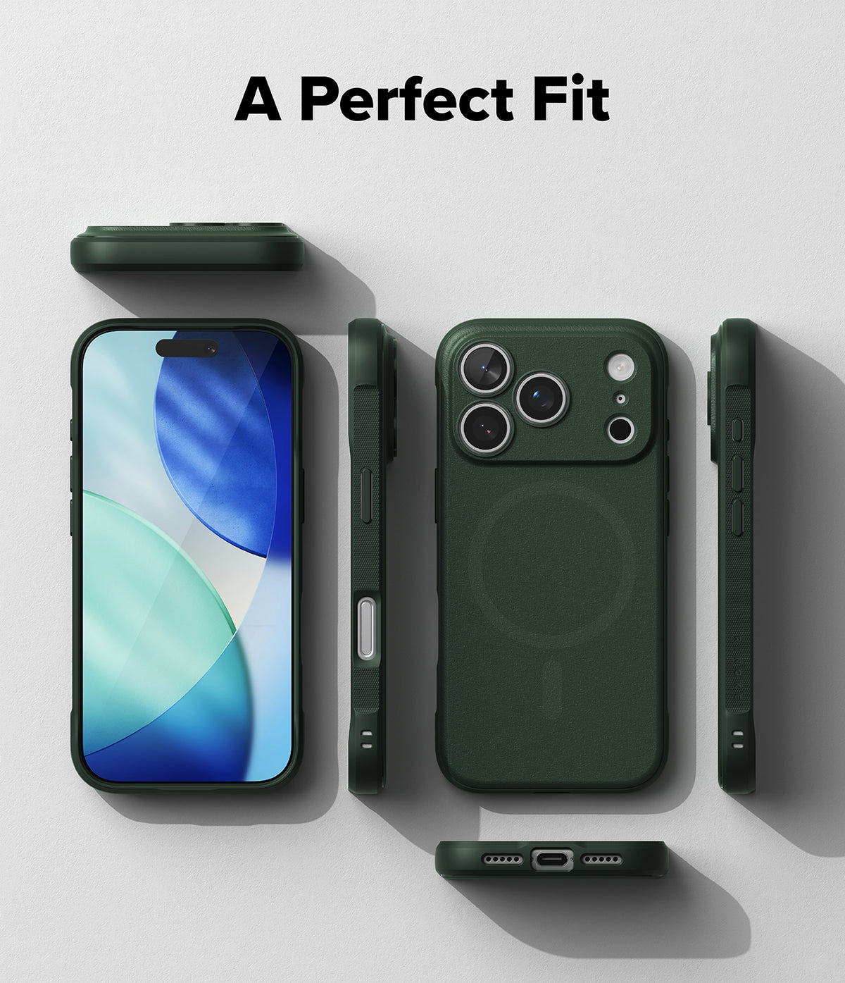 iPhone 17 Pro Case | Onyx Magnetic - Dark green phone case shown from multiple angles with a magnetic ring on the back.
