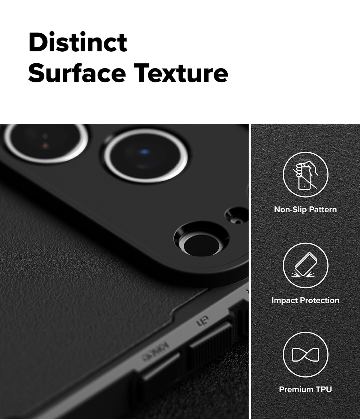 iPhone 17 Pro Case | Rugged Gear - Close-up of black phone case texture with icons for non-slip, impact protection, and TPU.
