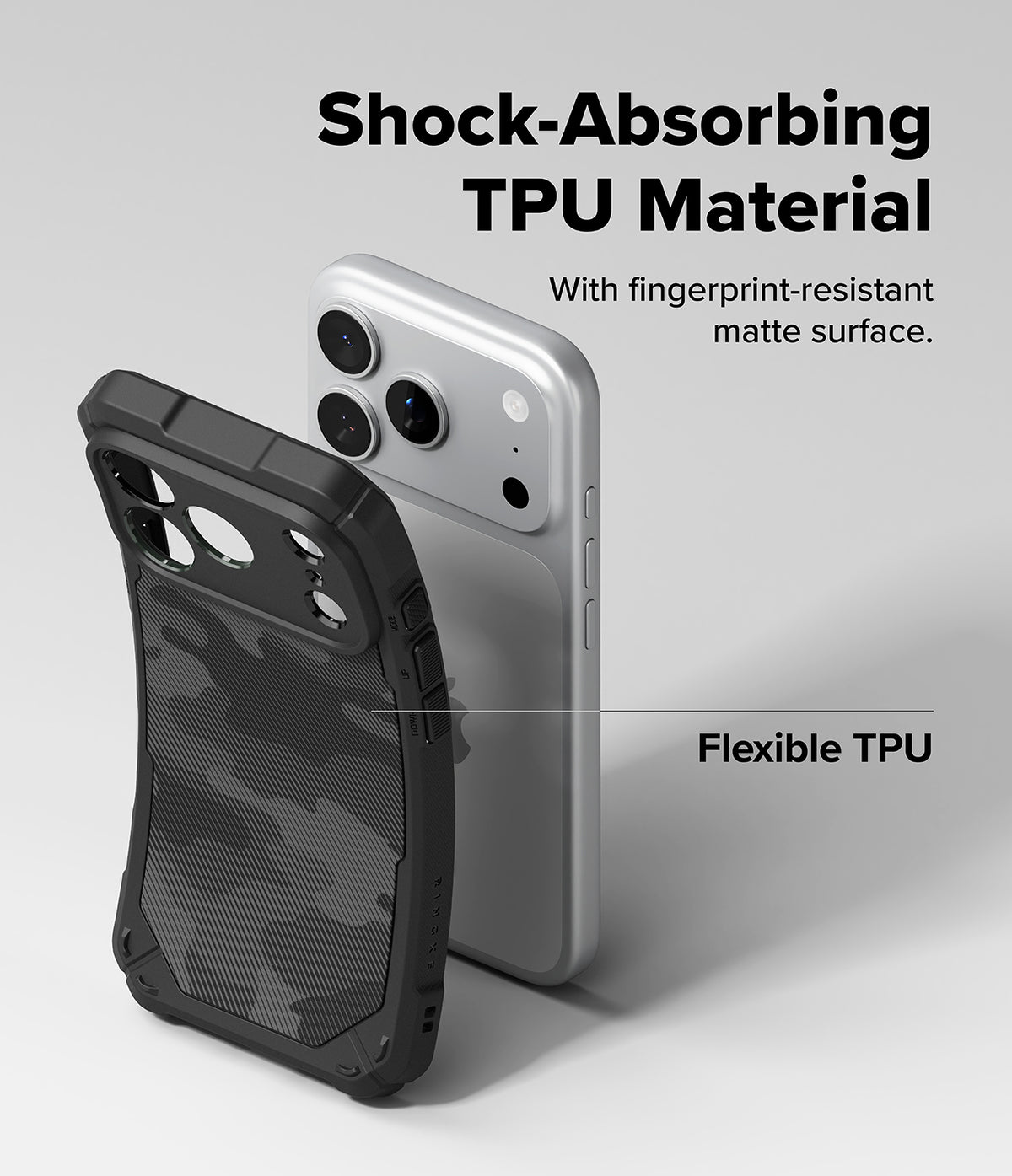 iPhone 17 Pro Case | Rugged Gear - A silver iPhone 17 Pro next to a flexible, black camouflage-patterned shock-absorbing TPU case.