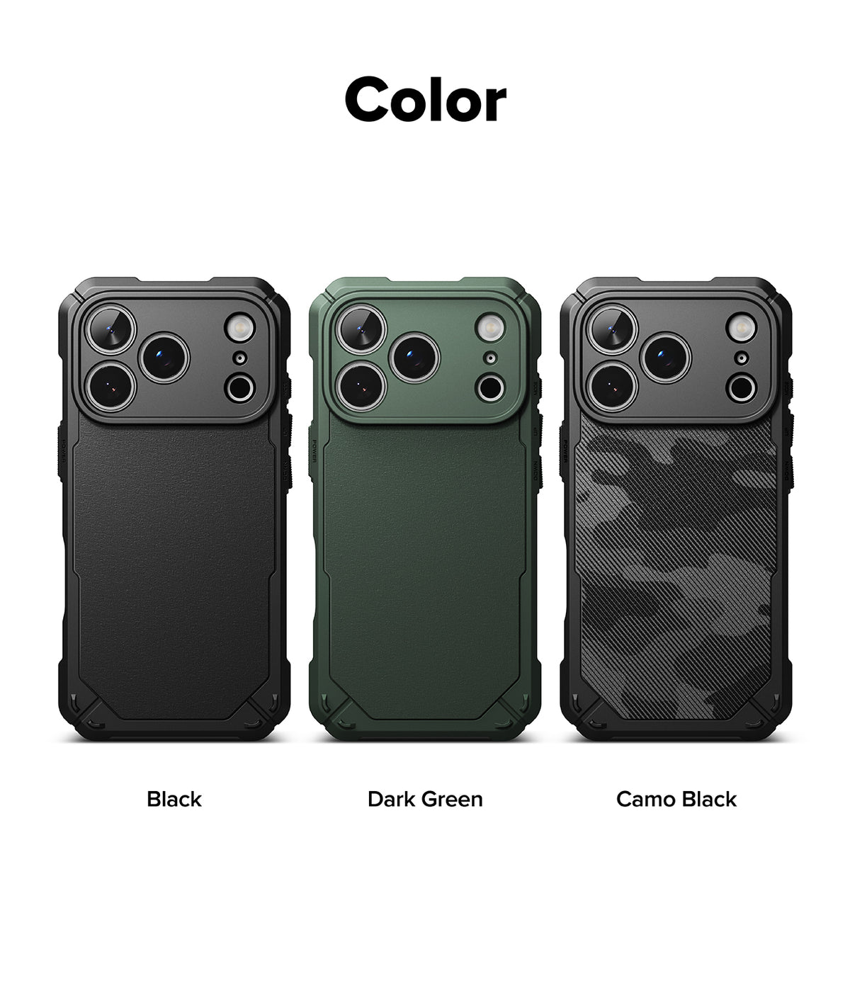 iPhone 17 Pro Case | Rugged Gear - Three rugged phone cases in black, dark green, and camo black arranged side-by-side.