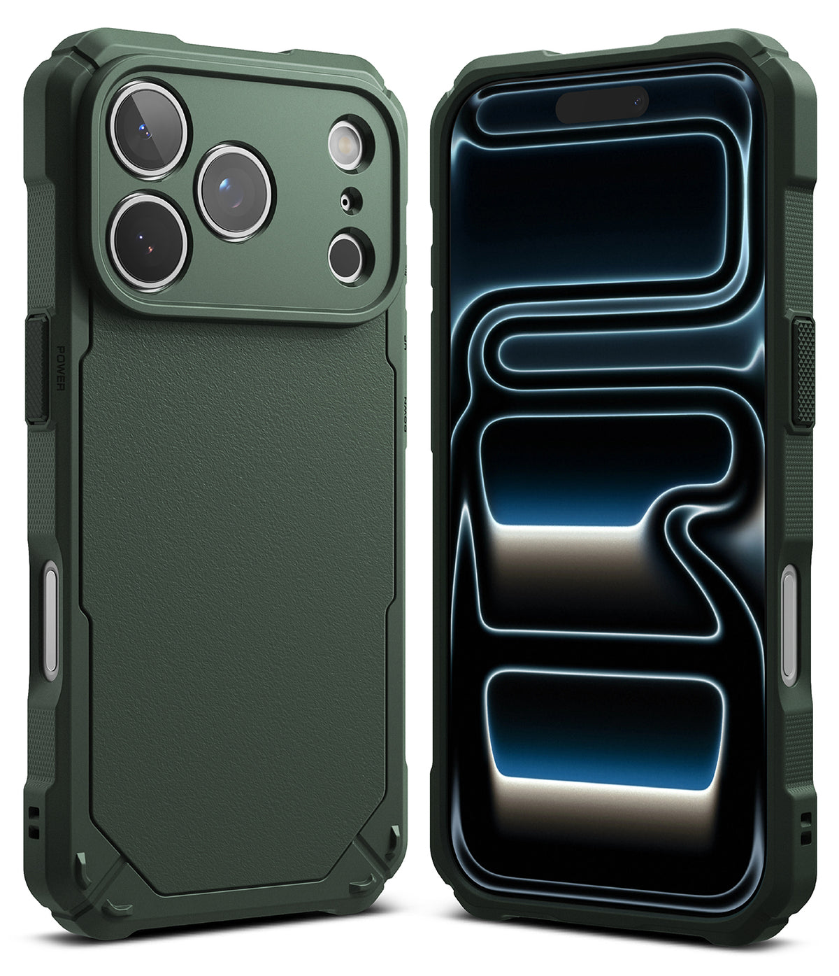 iPhone 17 Pro Case | Rugged Gear - Dark green rugged phone case shown from back and front with a textured, protective design.