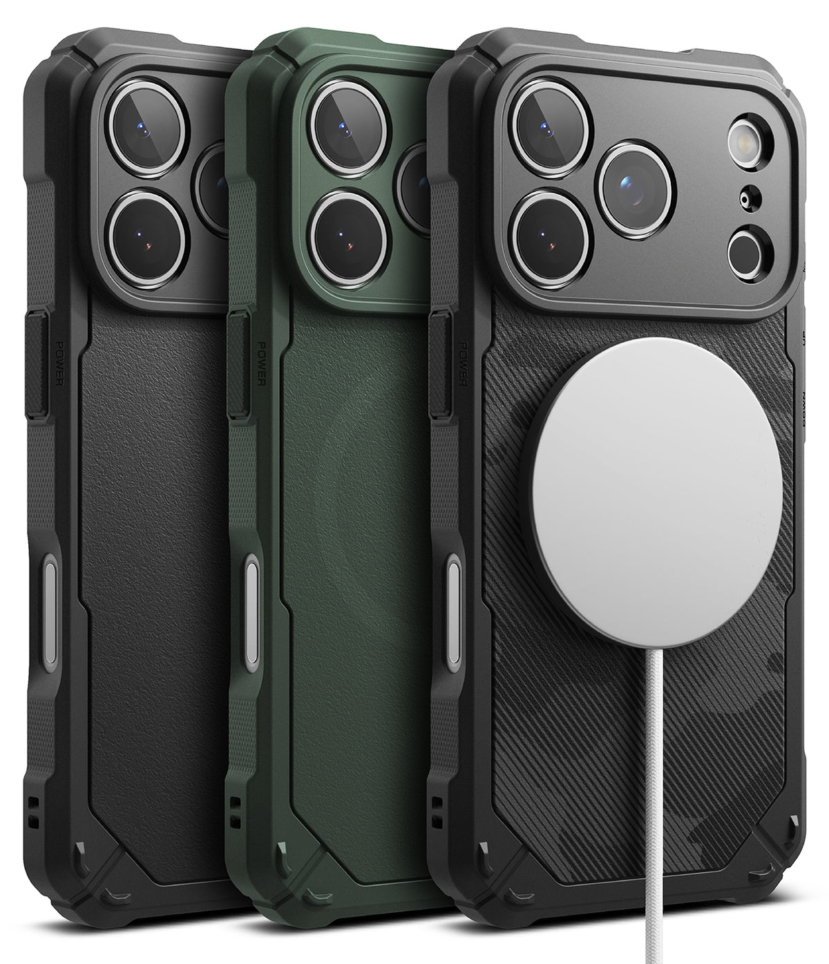 iPhone 17 Pro Case | Rugged Gear Magnetic - Three rugged phone cases in black, green, and carbon fiber with a MagSafe charger.