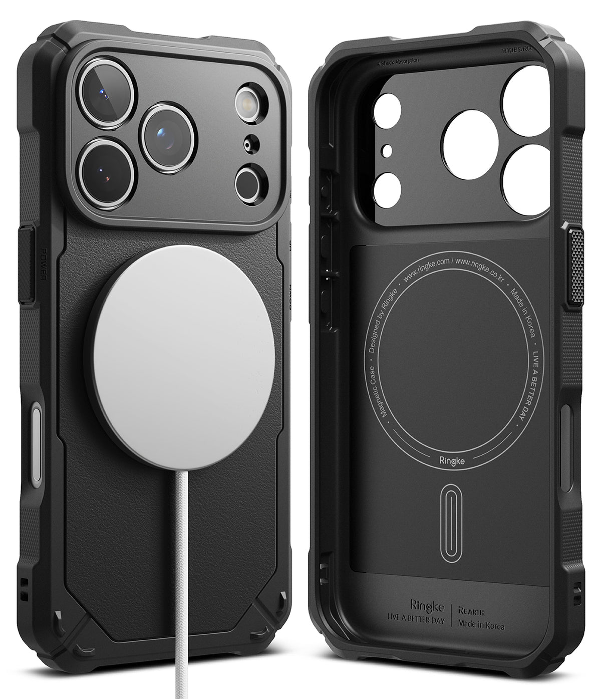 iPhone 17 Pro Case | Rugged Gear Magnetic - Black rugged phone case showing exterior with magnetic charger and interior.