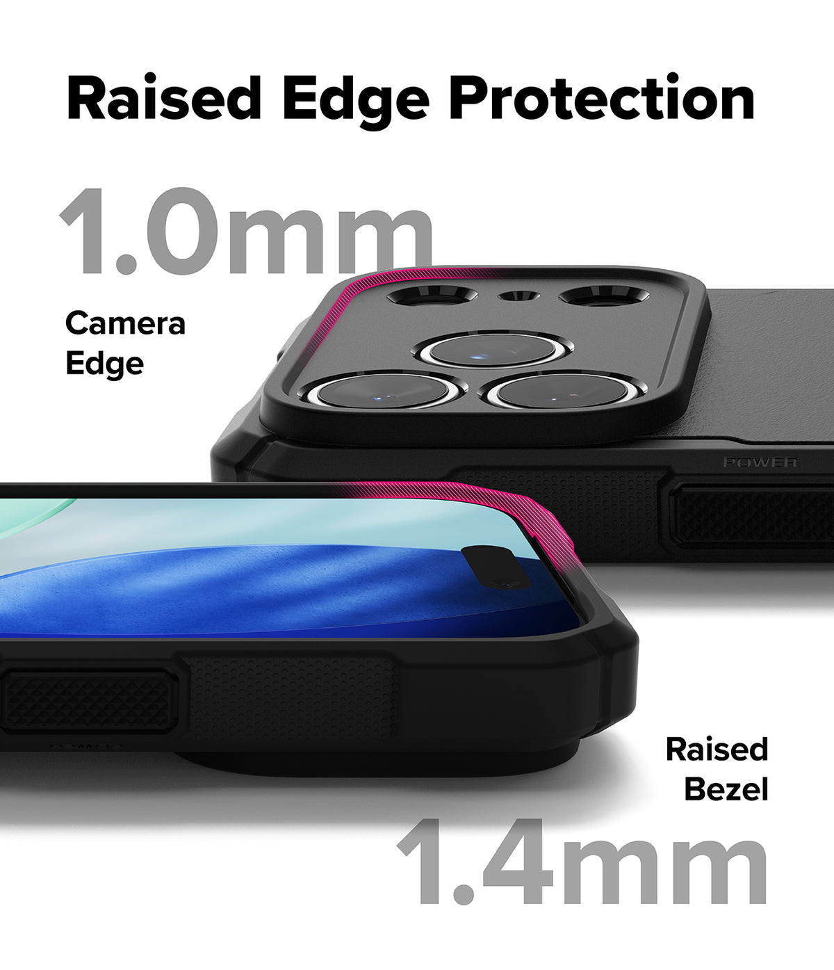 iPhone 17 Pro Case | Rugged Gear Magnetic - Close-up of phone case showing 1.0mm camera edge and 1.4mm screen bezel protection.