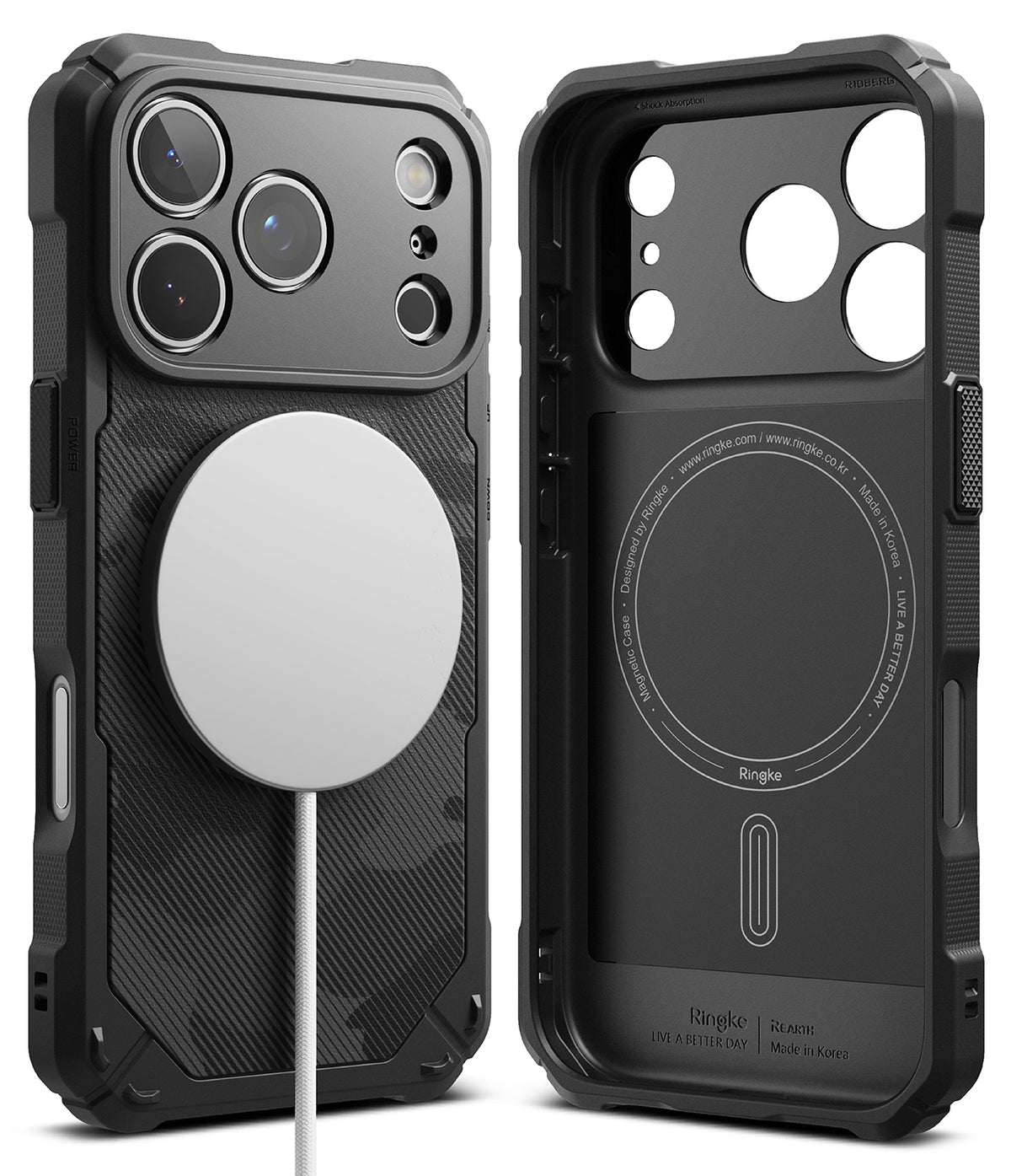 iPhone 17 Pro Case | Rugged Gear Magnetic - Black rugged phone case with carbon fiber texture and magnetic charger.