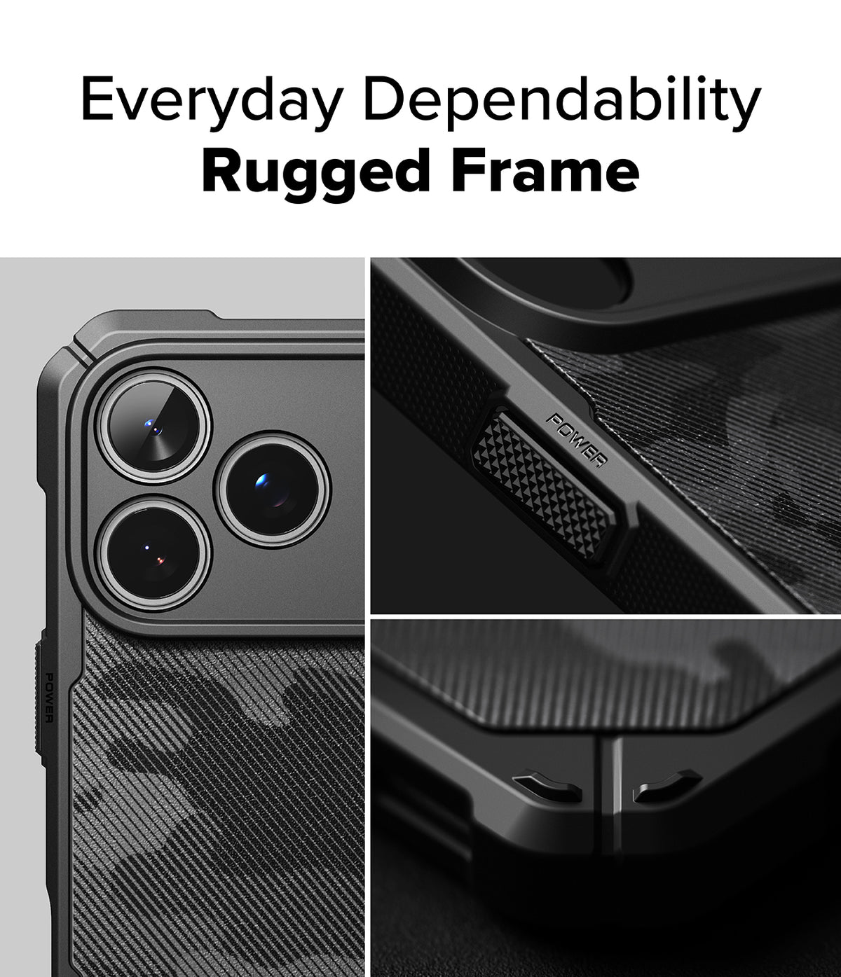 iPhone 17 Pro Case | Rugged Gear Magnetic - Close-up of a black rugged phone case with camo texture and power button.