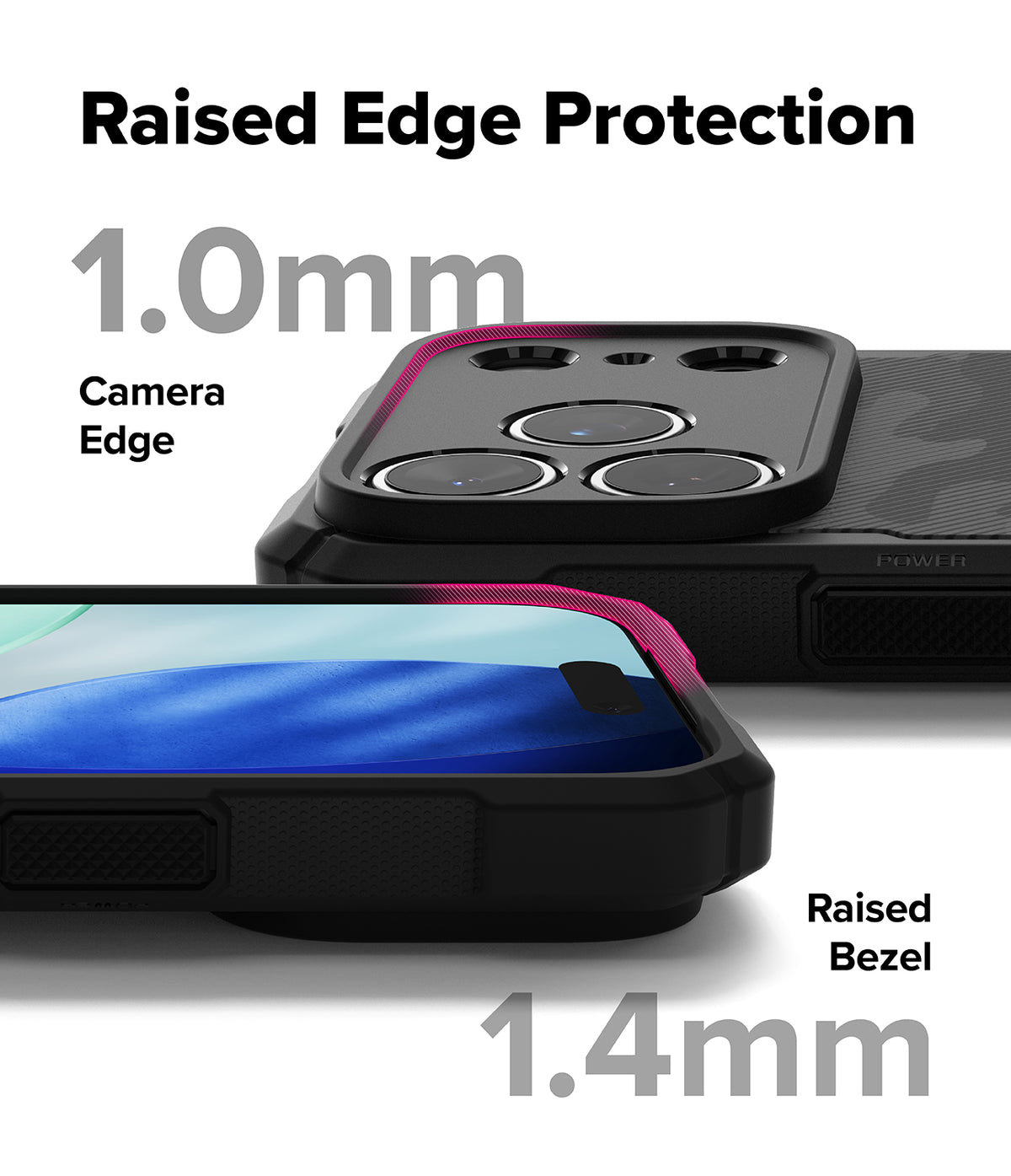iPhone 17 Pro Case | Rugged Gear Magnetic - Close-up showing 1.0mm camera edge and 1.4mm screen bezel protection on a rugged case.