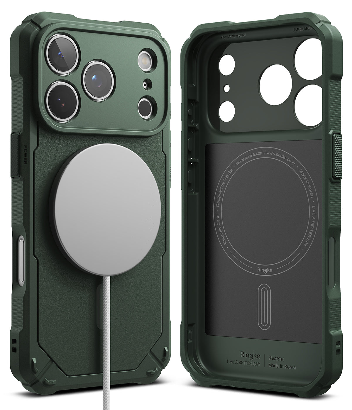 iPhone 17 Pro Case | Rugged Gear Magnetic - Dark green rugged phone case with magnetic charger attached and interior view.