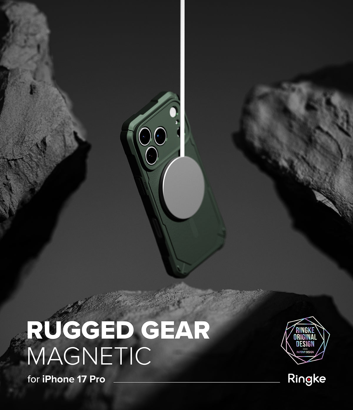 iPhone 17 Pro Case | Rugged Gear Magnetic - Dark green phone case suspended by a magnetic charger between dark rocks.
