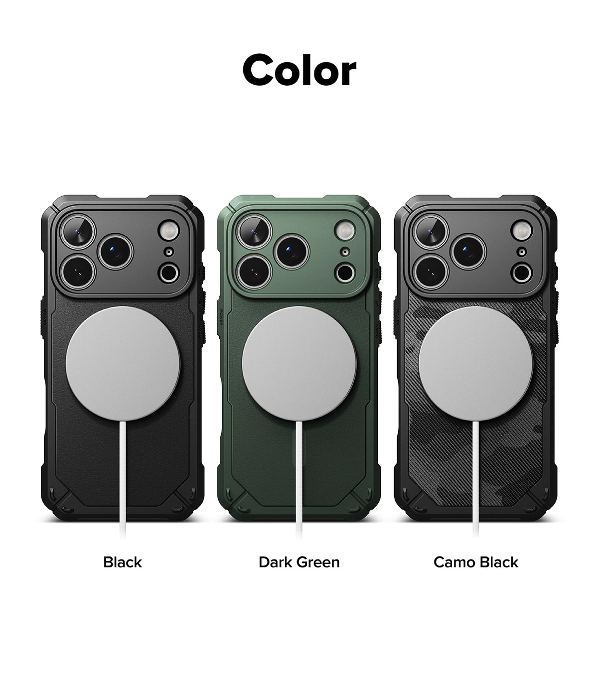 iPhone 17 Pro Case | Rugged Gear Magnetic - Three rugged phone cases in black, dark green, and camo black with MagSafe.