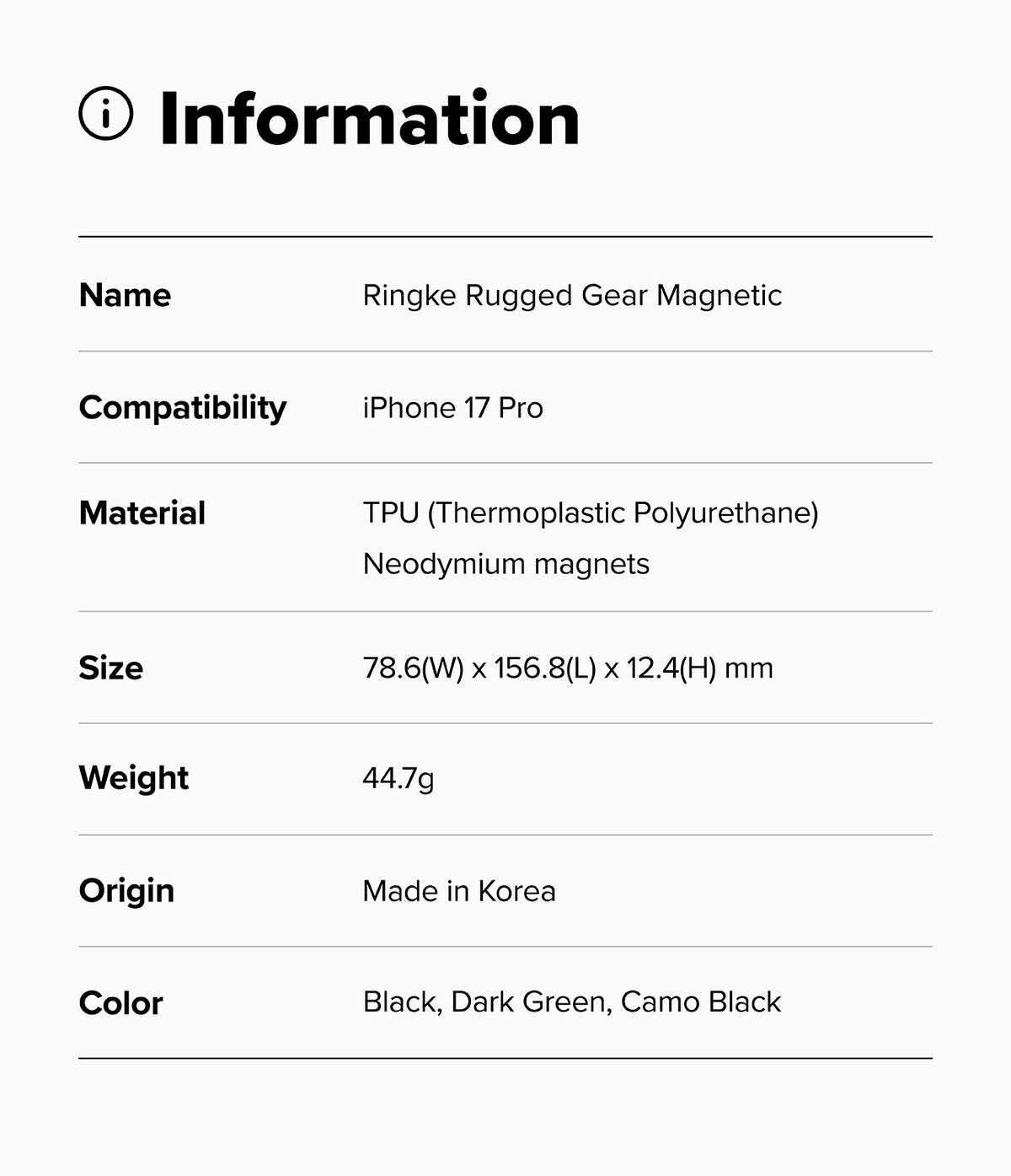 iPhone 17 Pro Case | Rugged Gear Magnetic - Information table listing product specs for the Ringke Rugged Gear case.